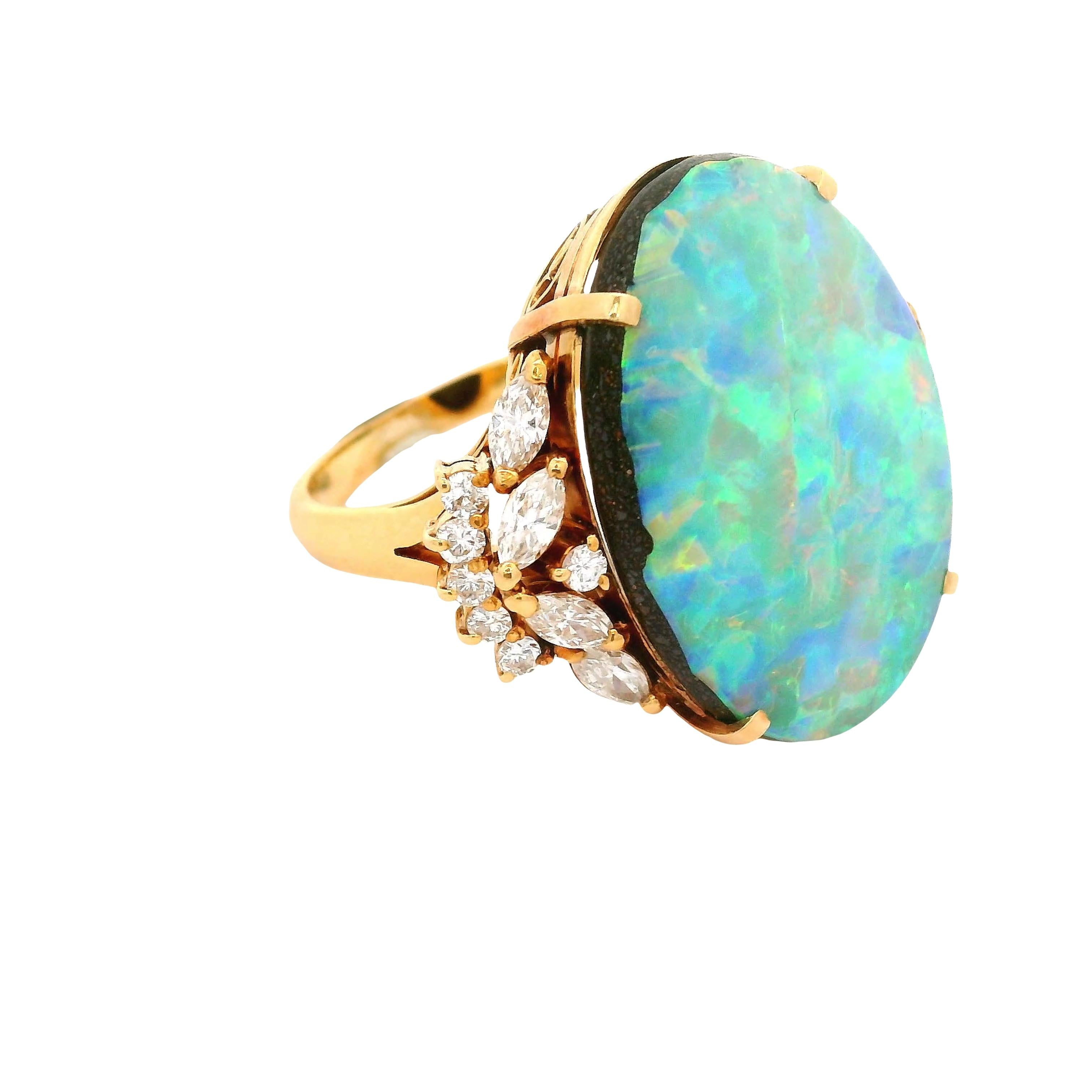 17.50 Carat Australian Boulder Opal Diamond 18K Yellow Gold Ring