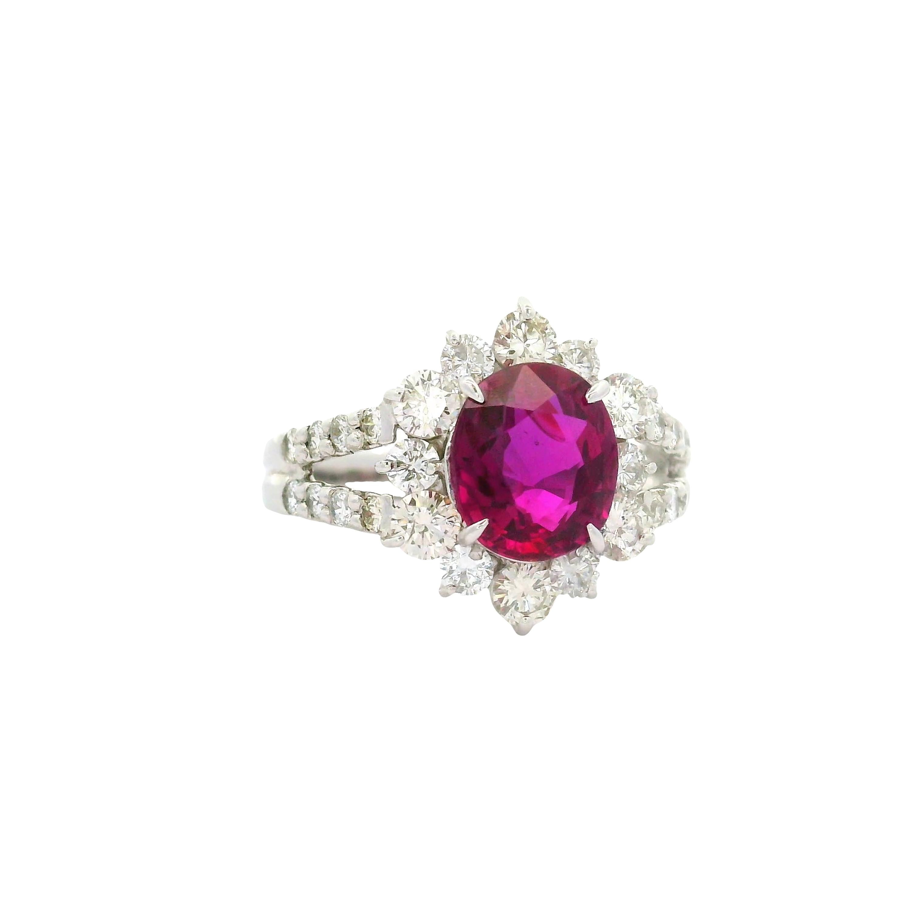 2.13 Carat No-Heat Ruby Diamond Platinum Halo Ring, GIA Certified