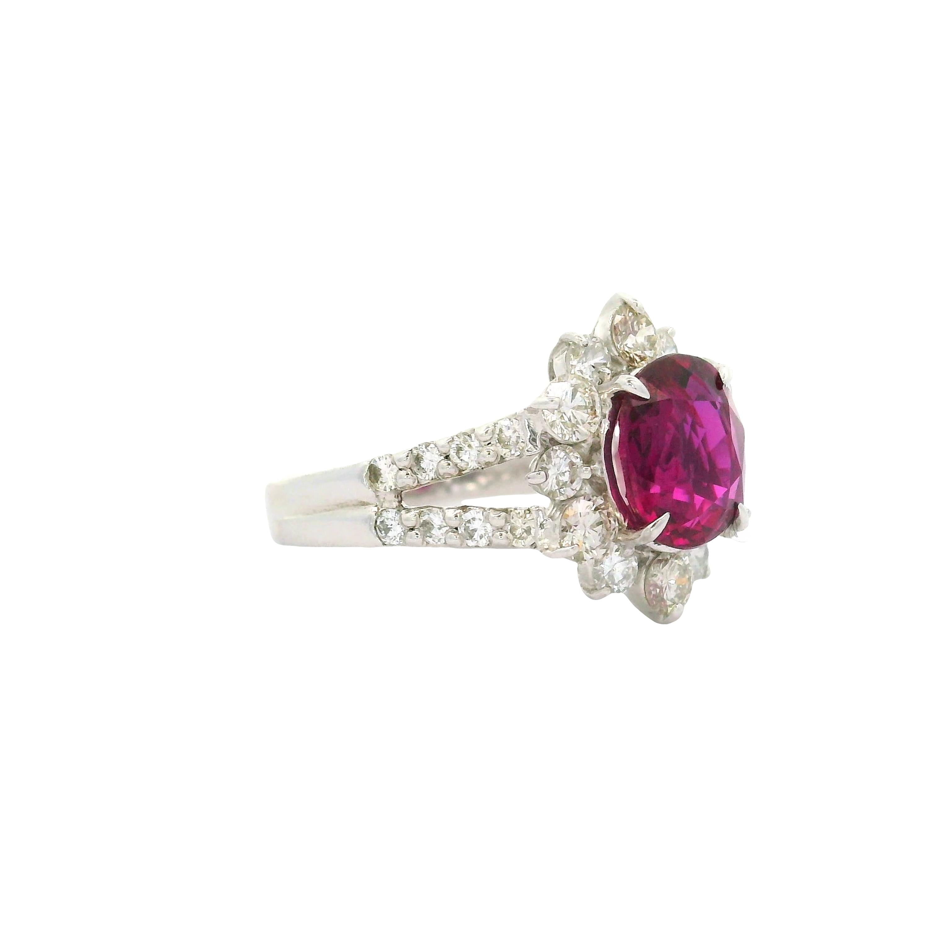 2.13 Carat No-Heat Ruby Diamond Platinum Halo Ring, GIA Certified