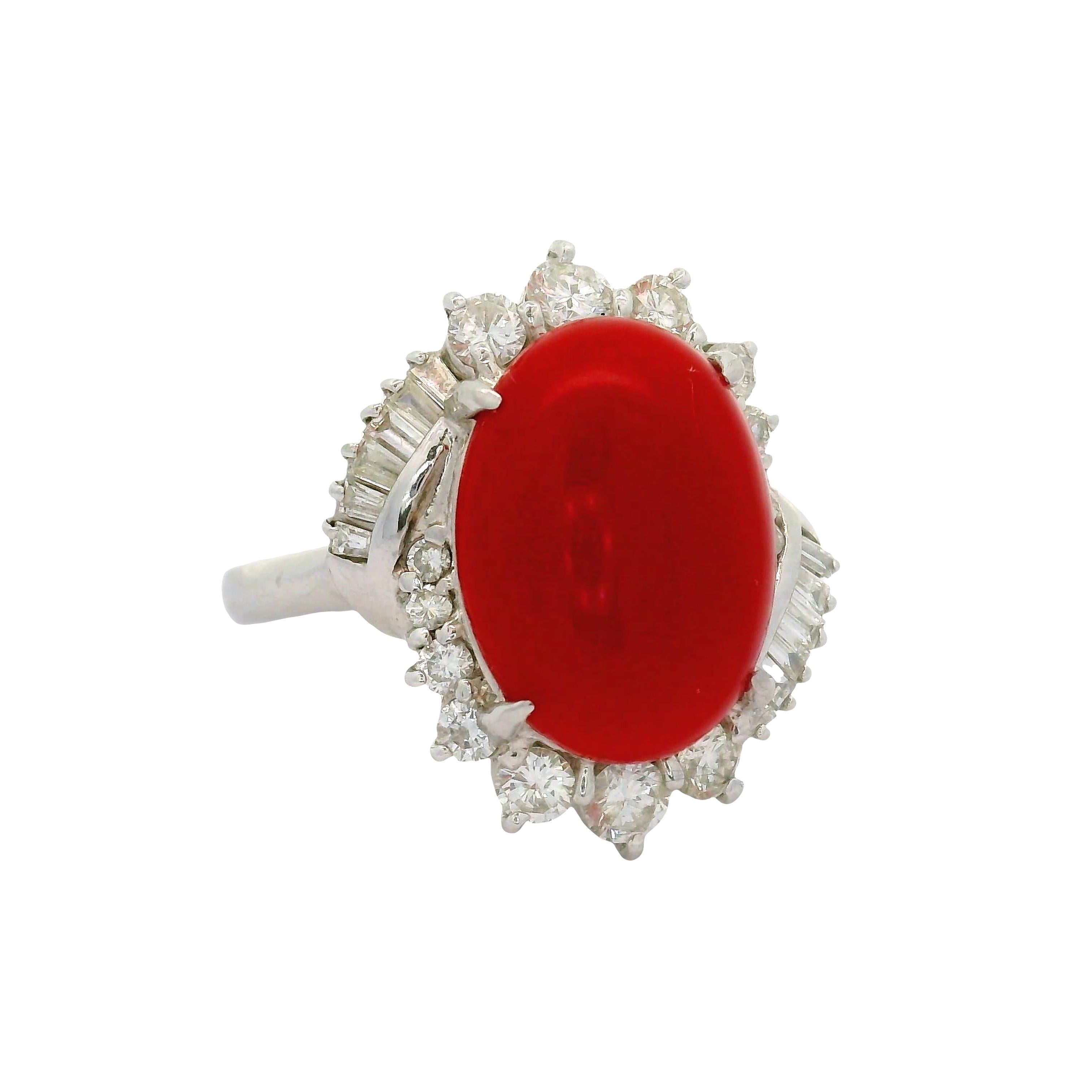 Ox Blood Red Coral Diamond Platinum Cocktail Ring