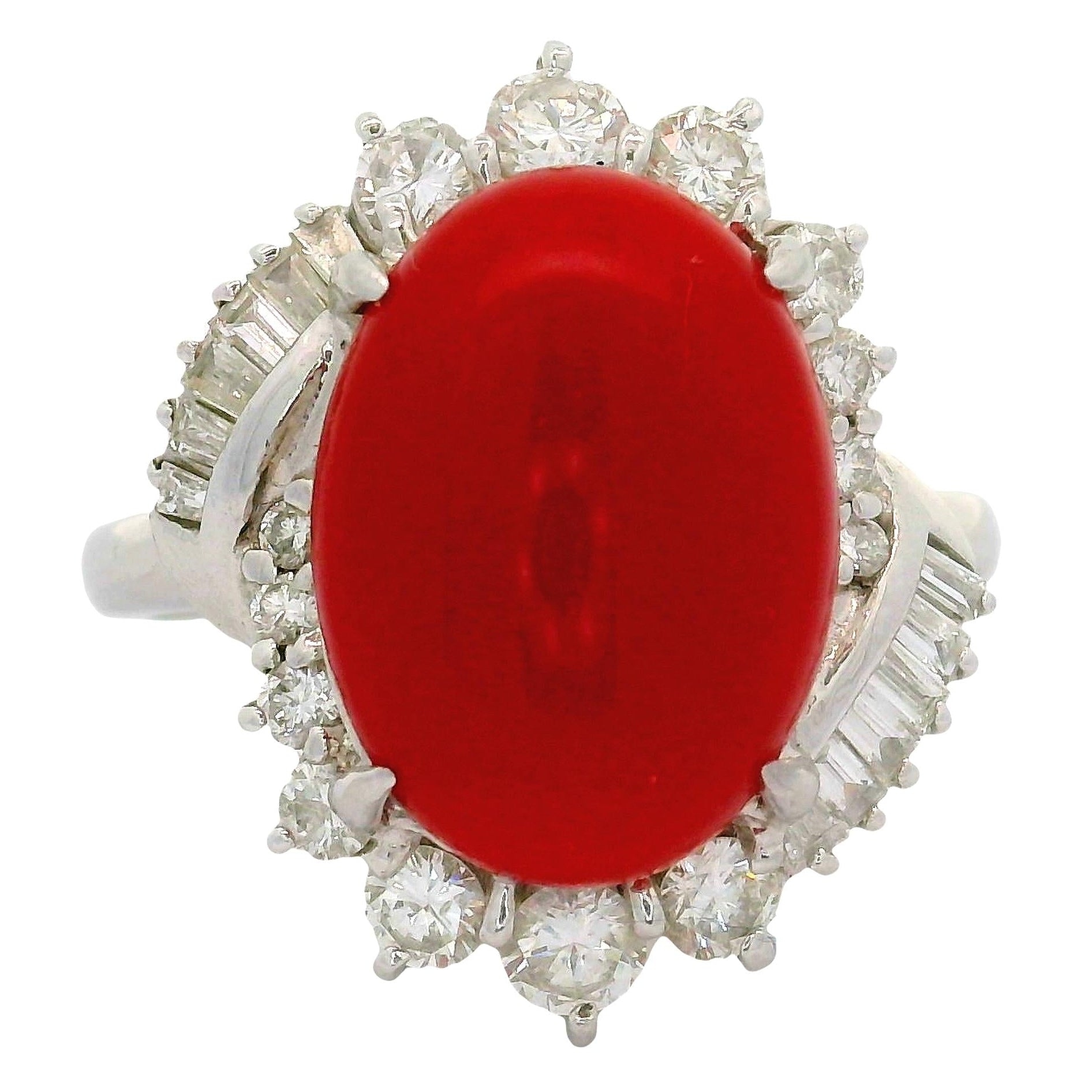 Ox Blood Red Coral Diamond Platinum Cocktail Ring
