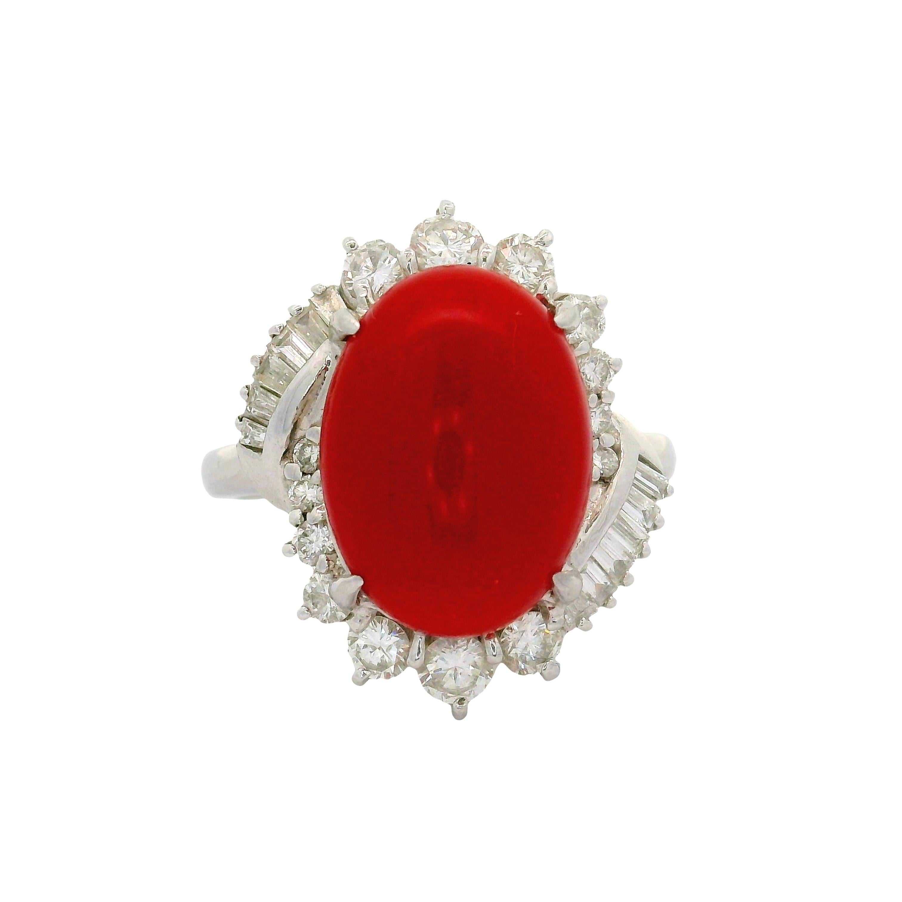 Ox Blood Red Coral Diamond Platinum Cocktail Ring