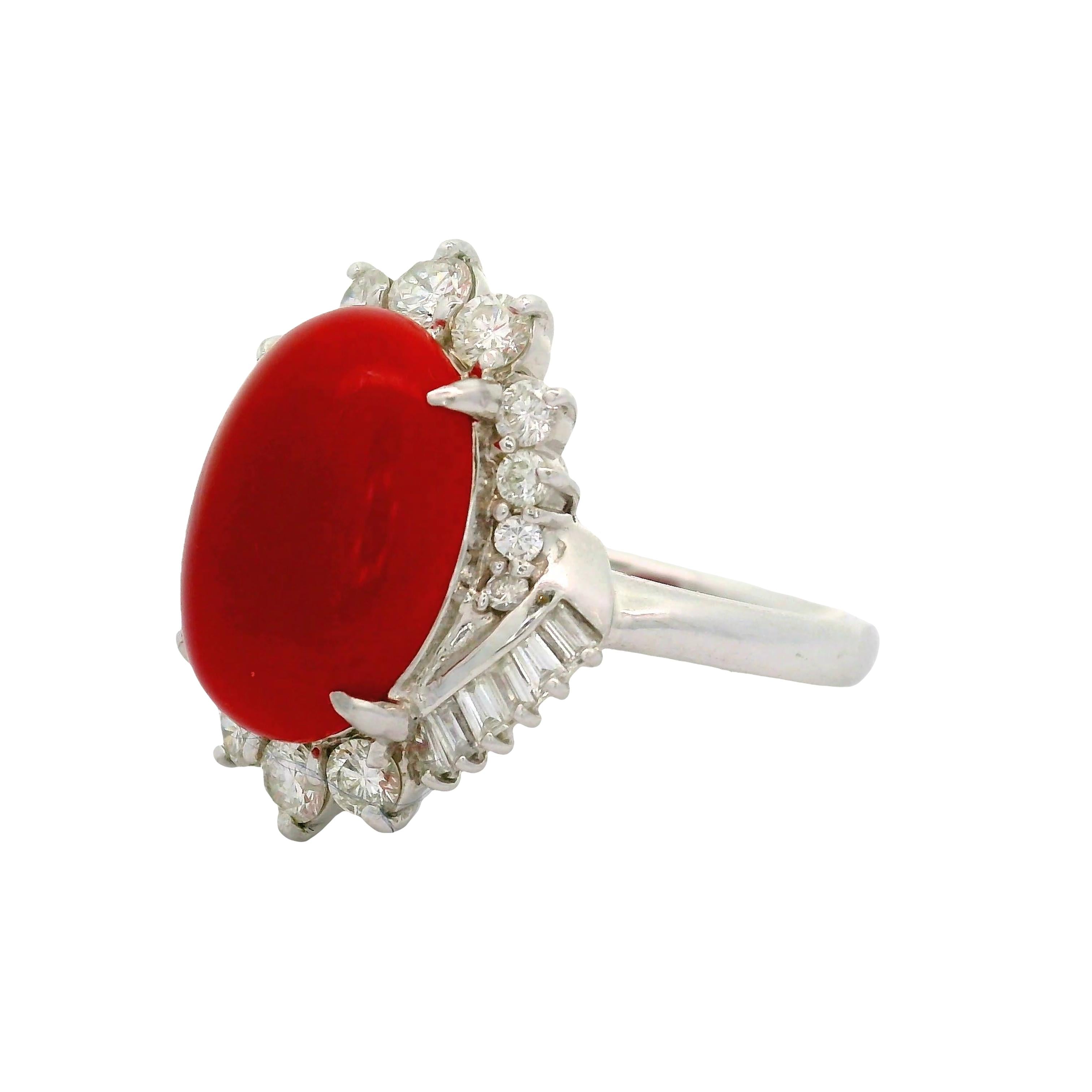Ox Blood Red Coral Diamond Platinum Cocktail Ring