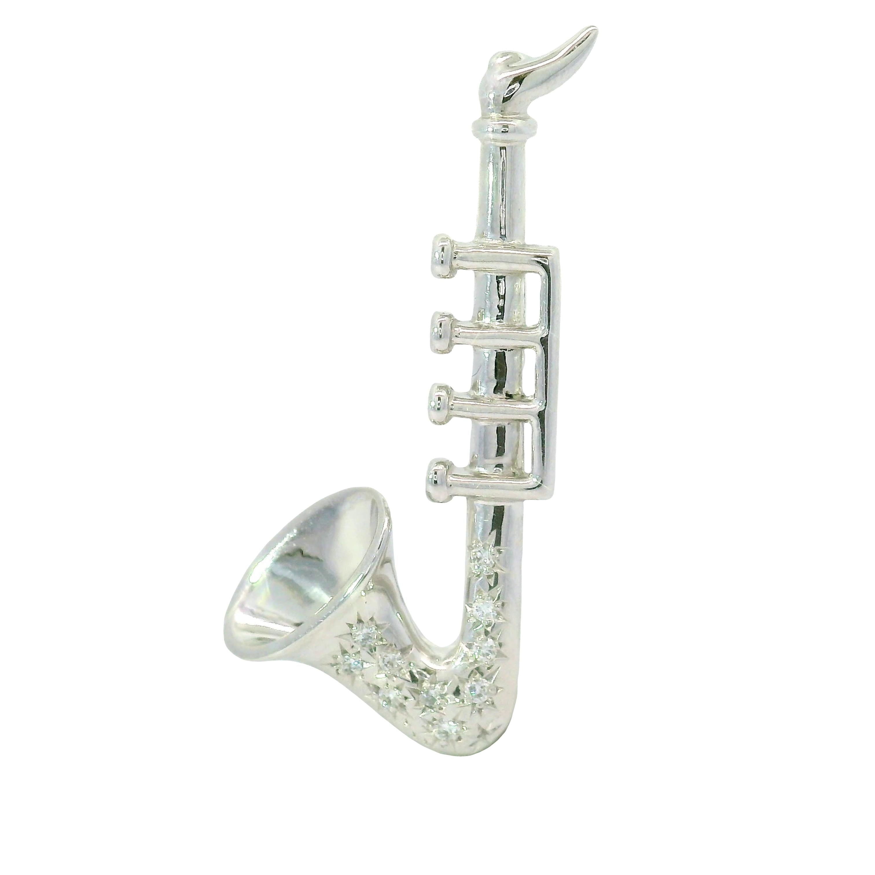 Diamond Platinum and 14K white Gold Saxophone Brooch Pendant