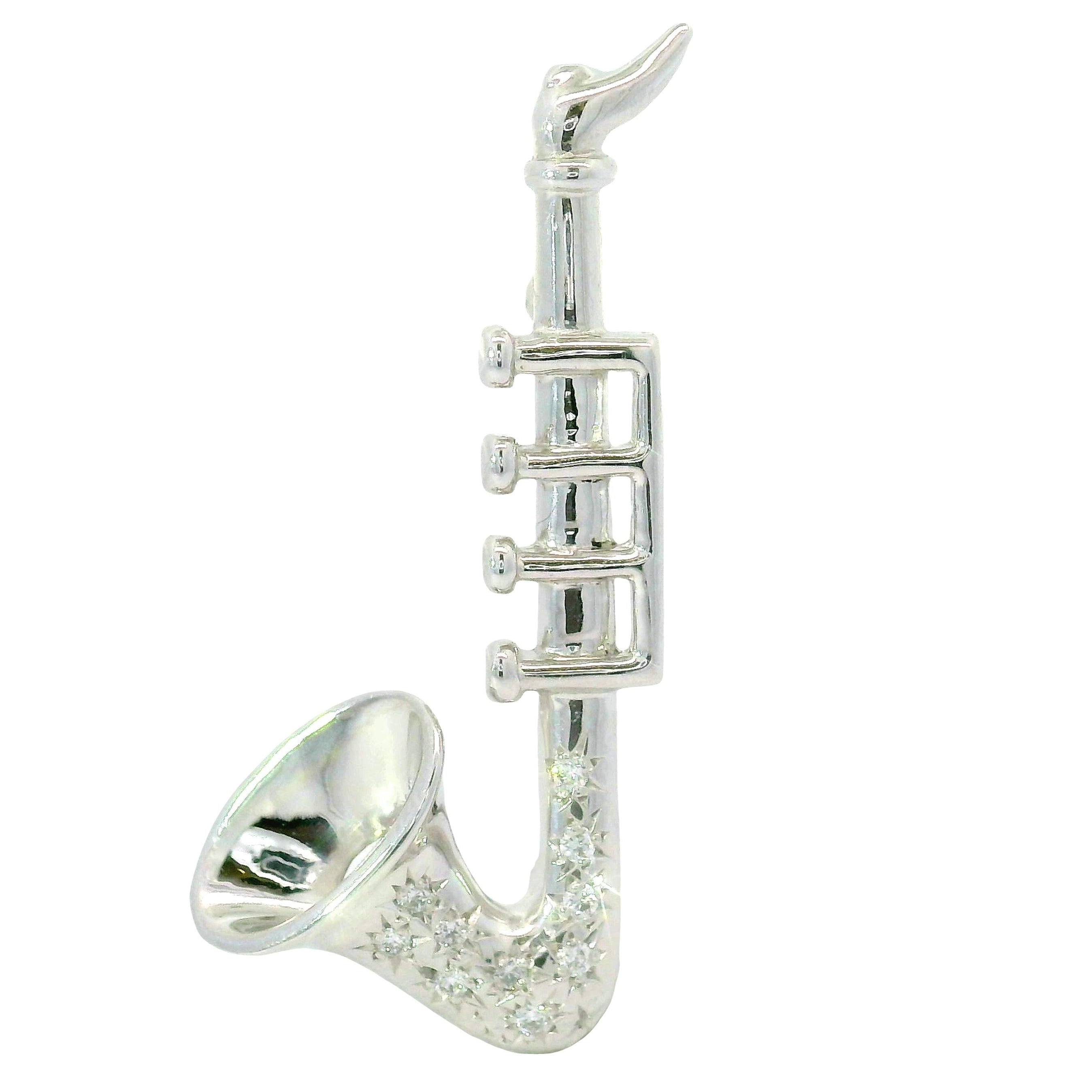 Diamond Platinum and 14K white Gold Saxophone Brooch Pendant