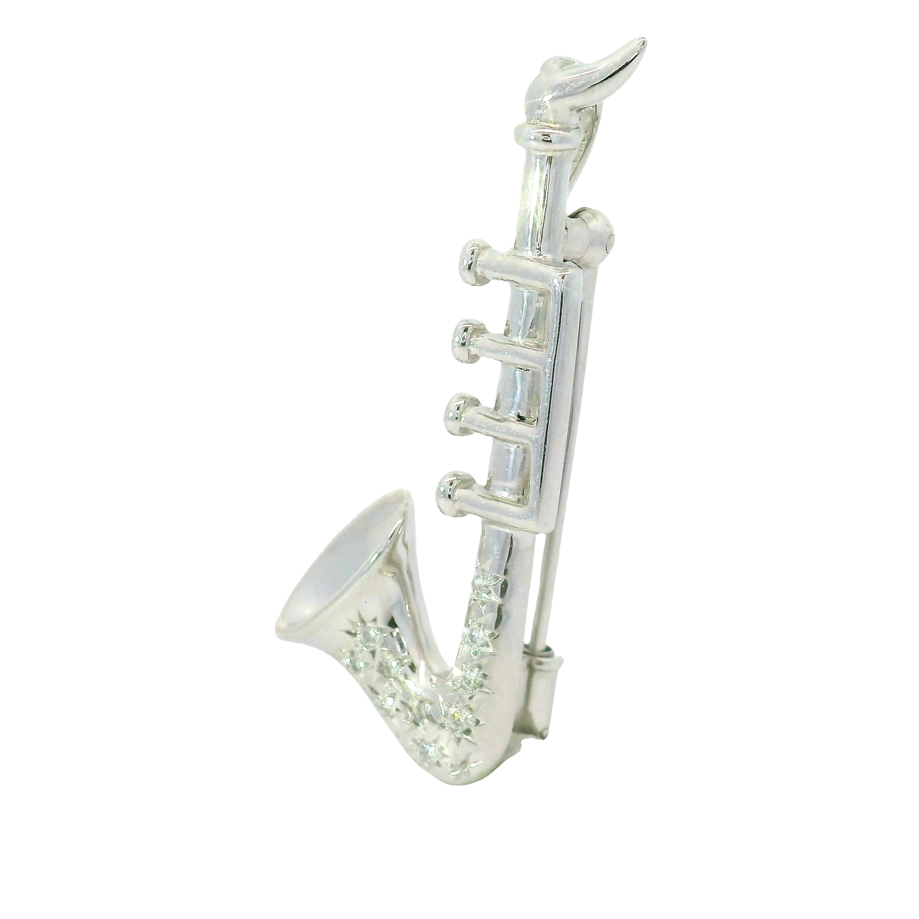 Diamond Platinum and 14K white Gold Saxophone Brooch Pendant