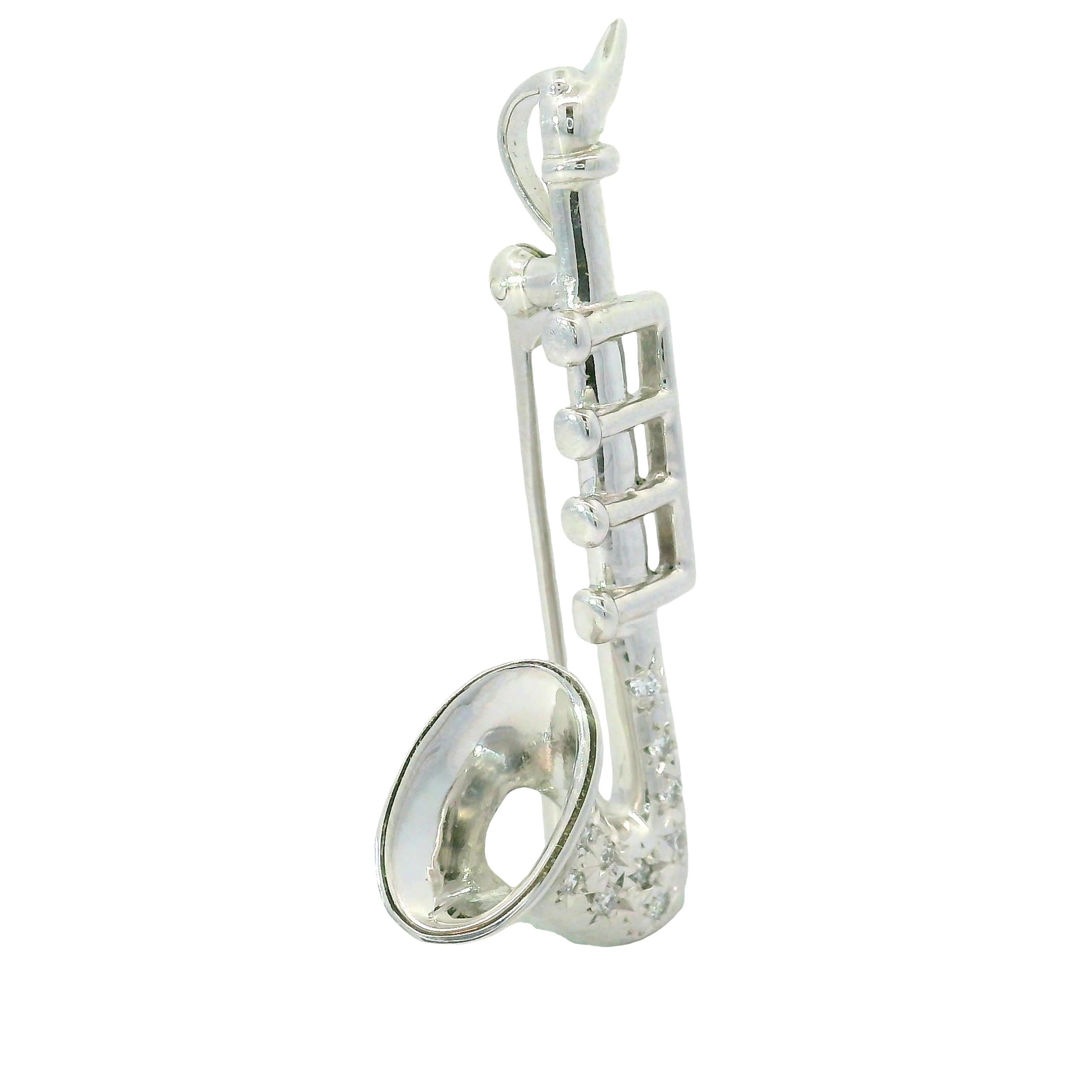 Diamond Platinum and 14K white Gold Saxophone Brooch Pendant
