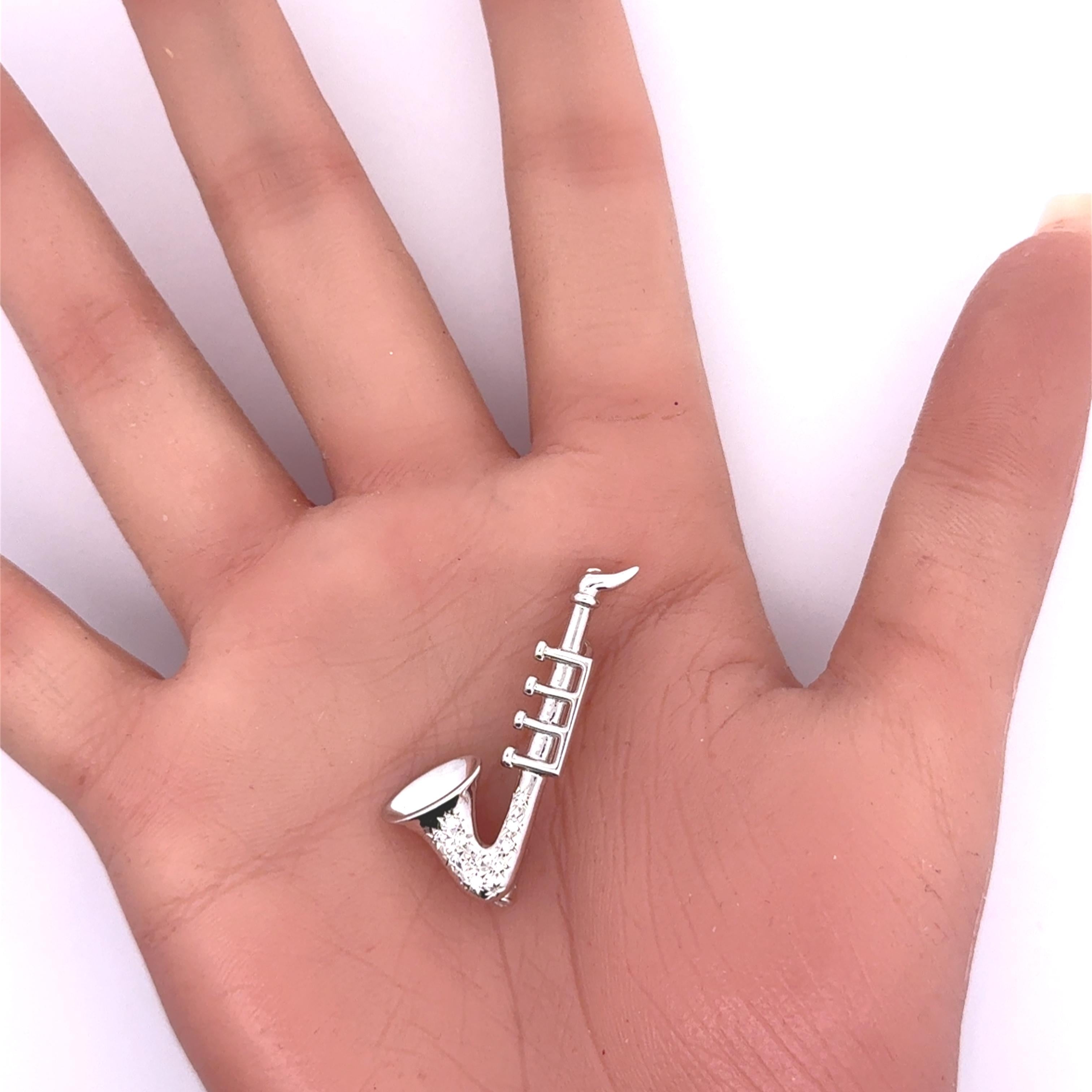 Diamond Platinum and 14K white Gold Saxophone Brooch Pendant