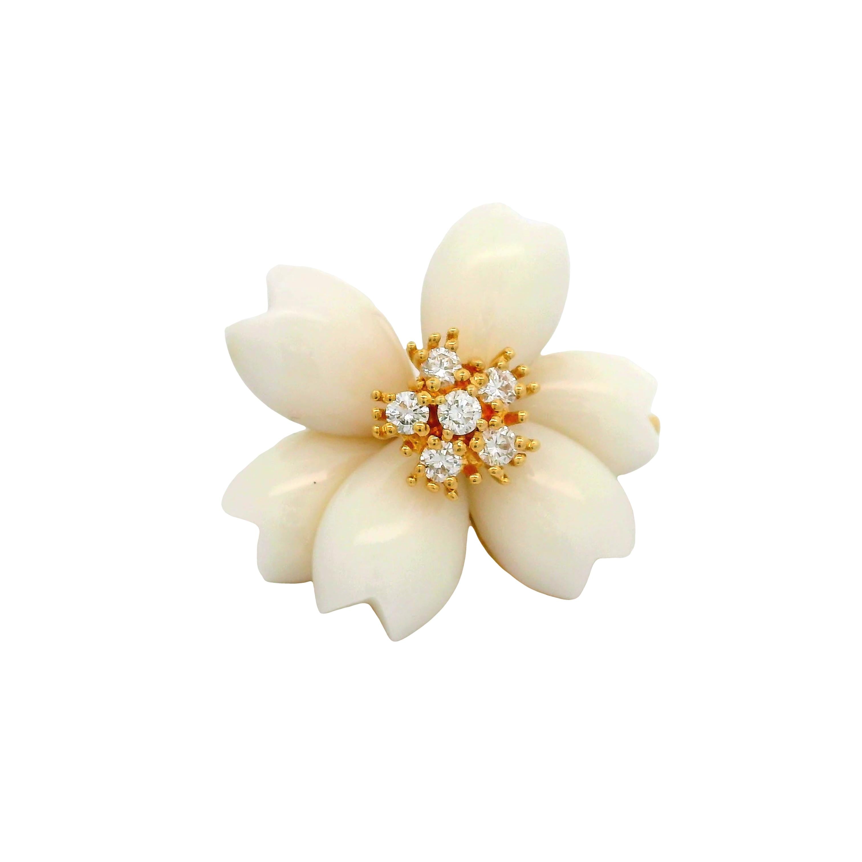 White Onyx Diamond 18K Yellow Gold Flower Brooch