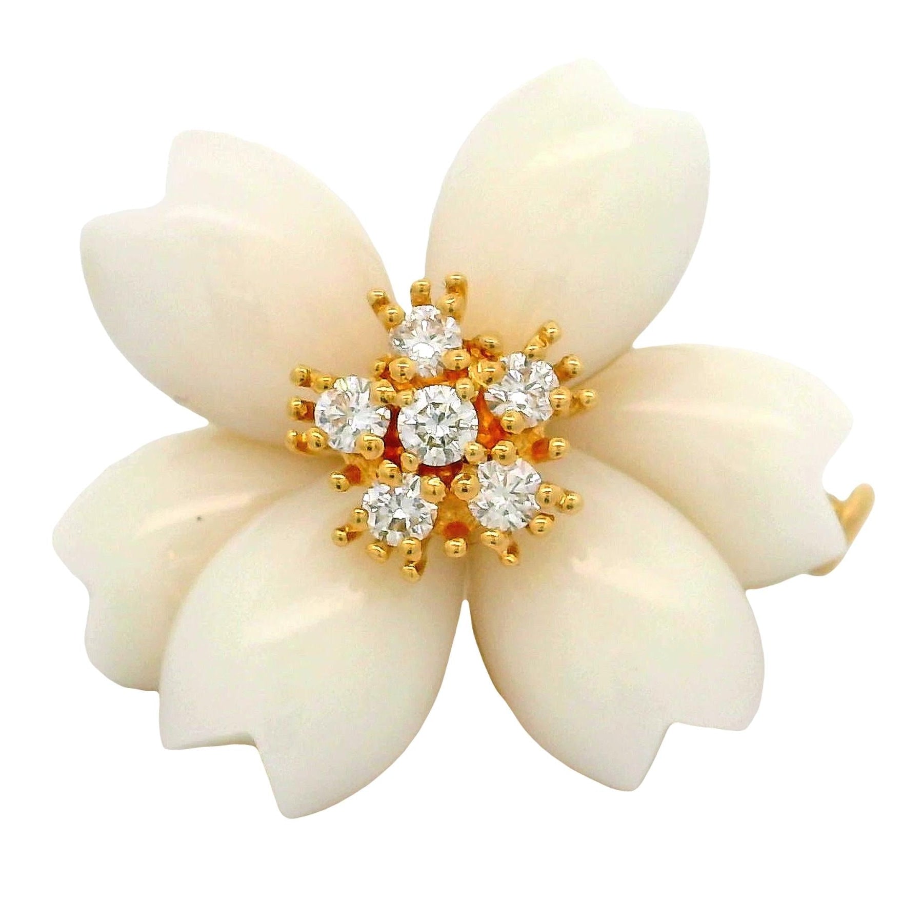 White Onyx Diamond 18K Yellow Gold Flower Brooch