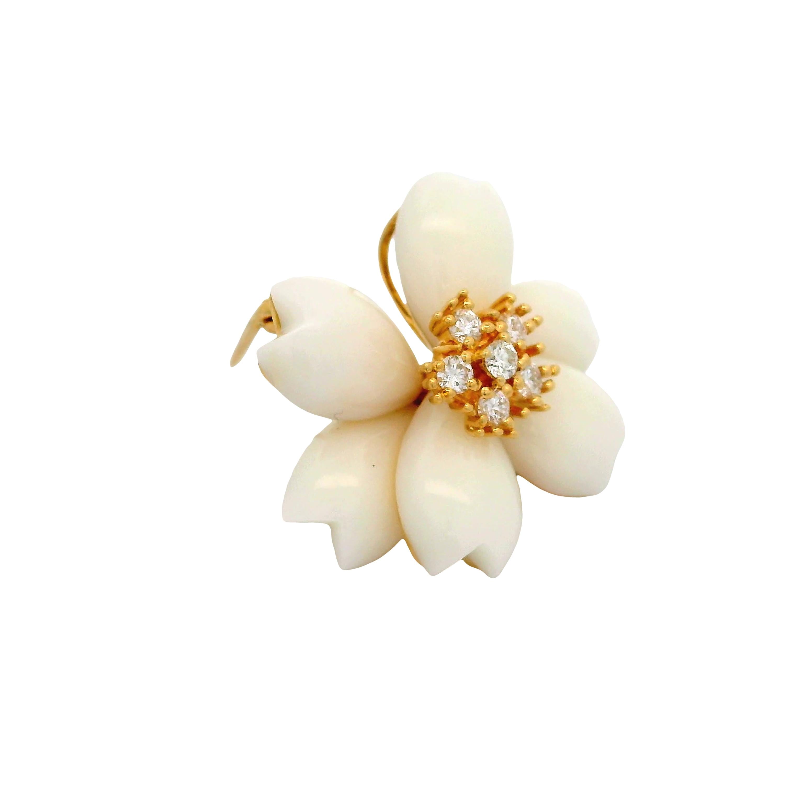 White Onyx Diamond 18K Yellow Gold Flower Brooch