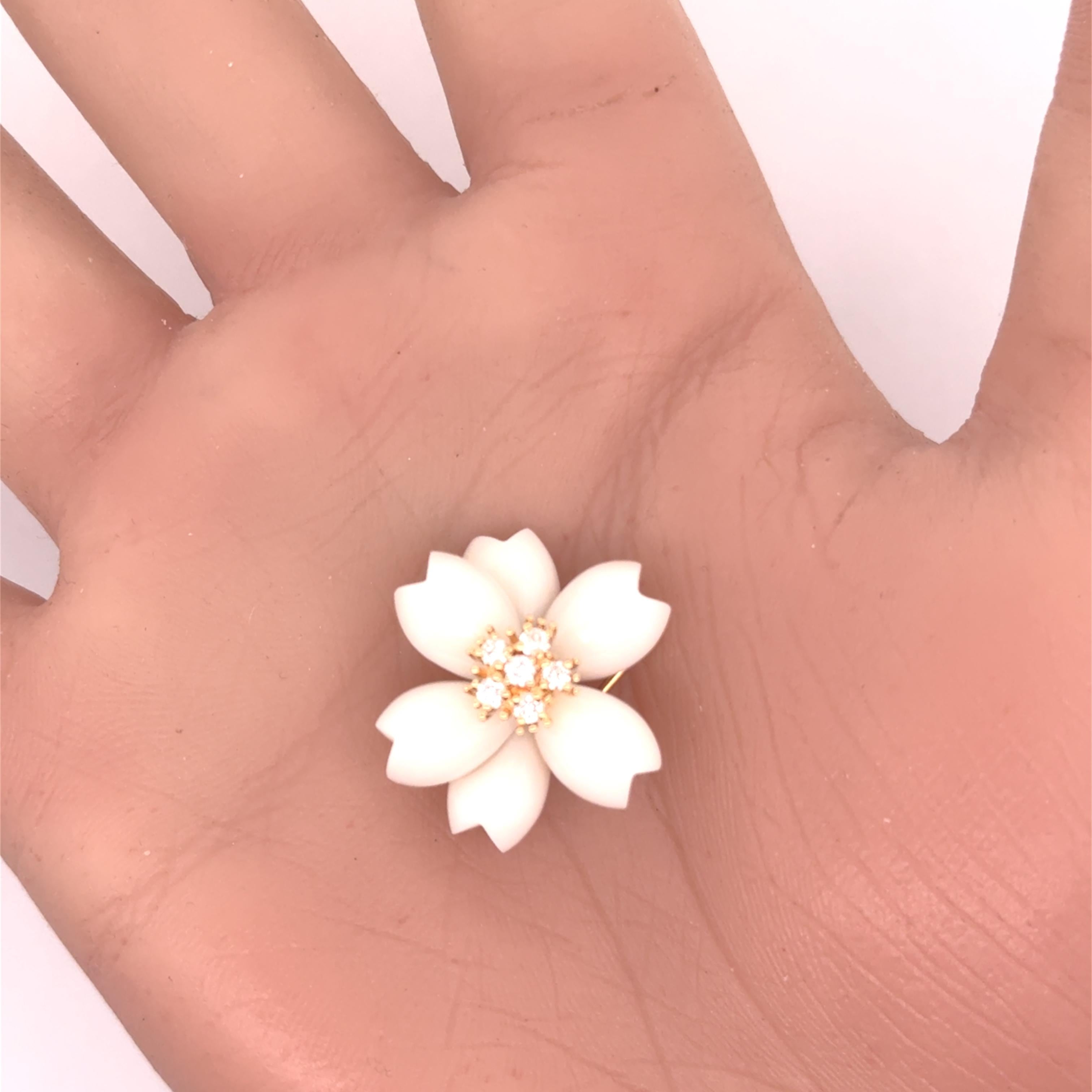 White Onyx Diamond 18K Yellow Gold Flower Brooch