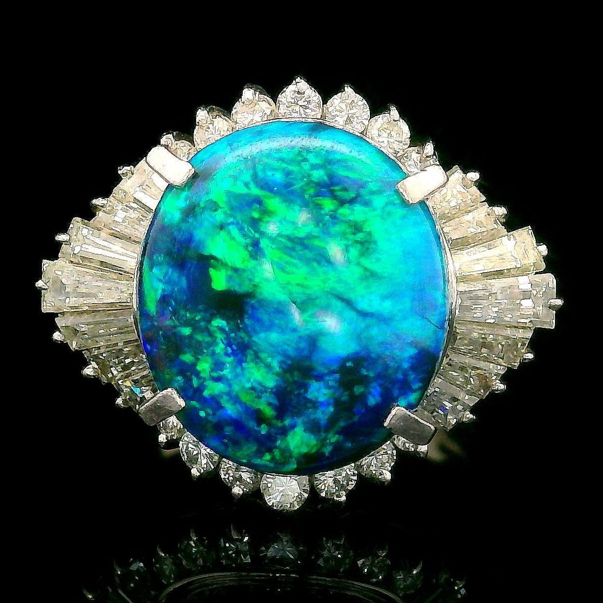 5.62 Carat Australian Black Opal Diamond Platinum Ballerina Ring