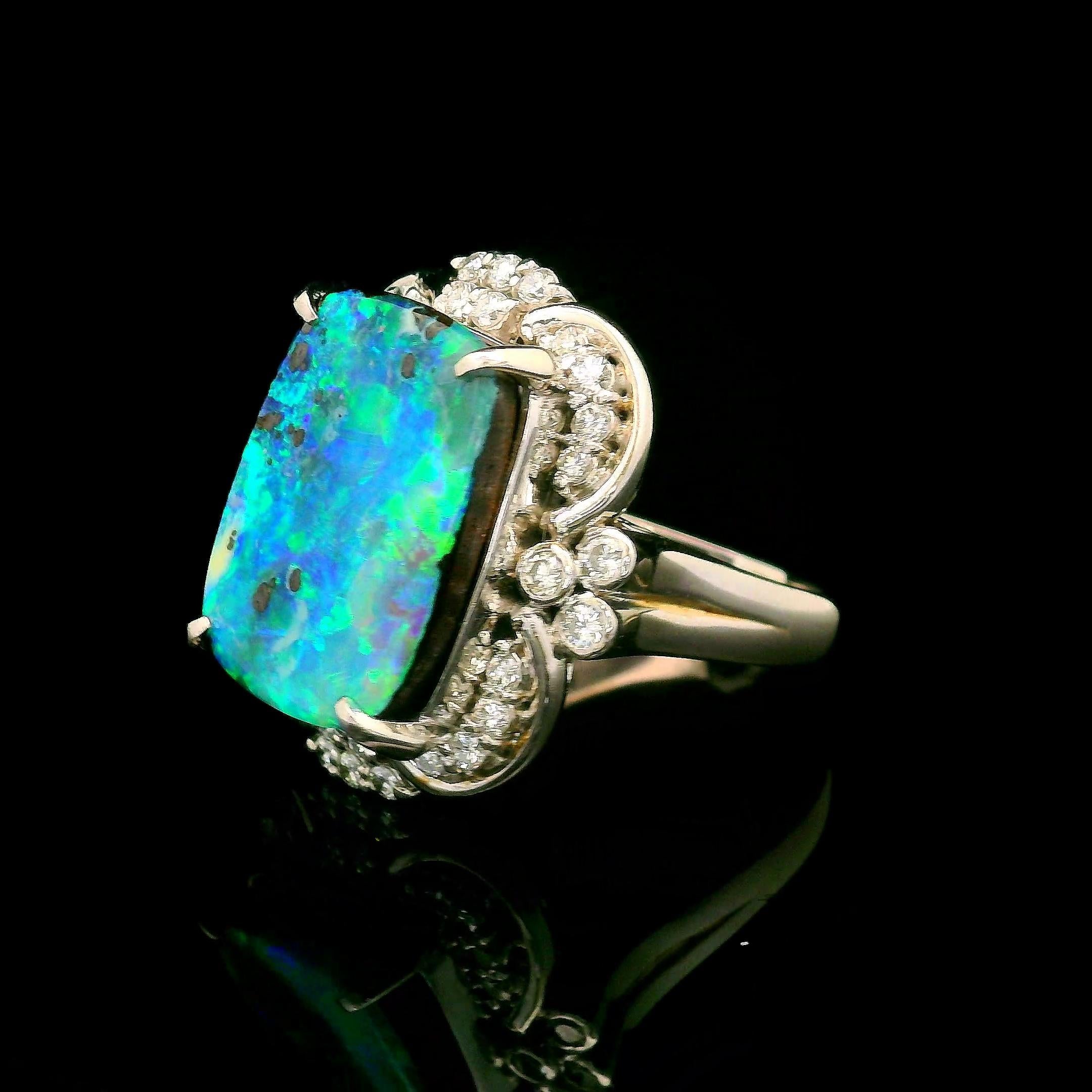 8.63 Carat Australian Boulder Opal Diamond Platinum Ring