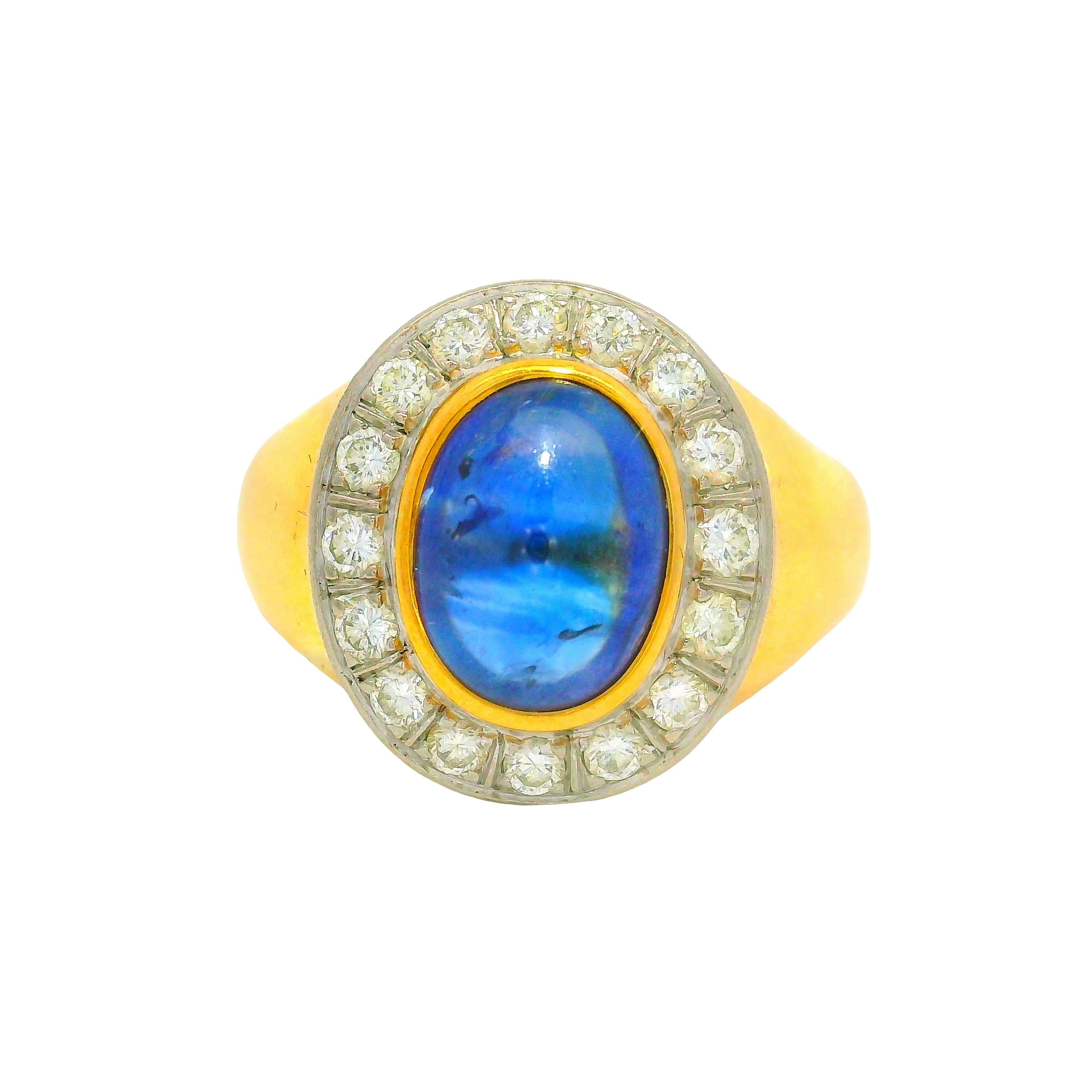 3.00 Carat Blue Sapphire Diamond 18K Gold Bezel Halo Ring