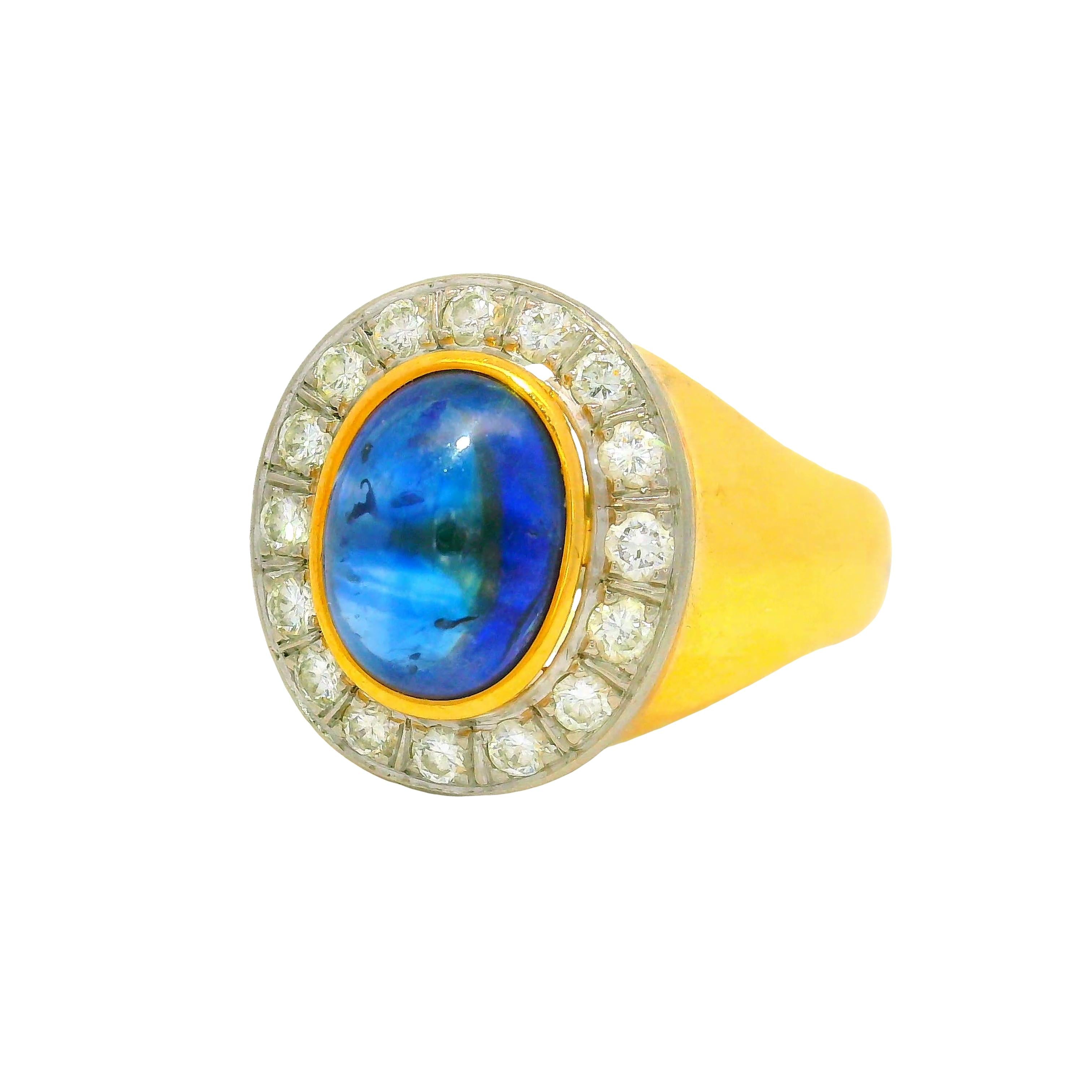 3.00 Carat Blue Sapphire Diamond 18K Gold Bezel Halo Ring