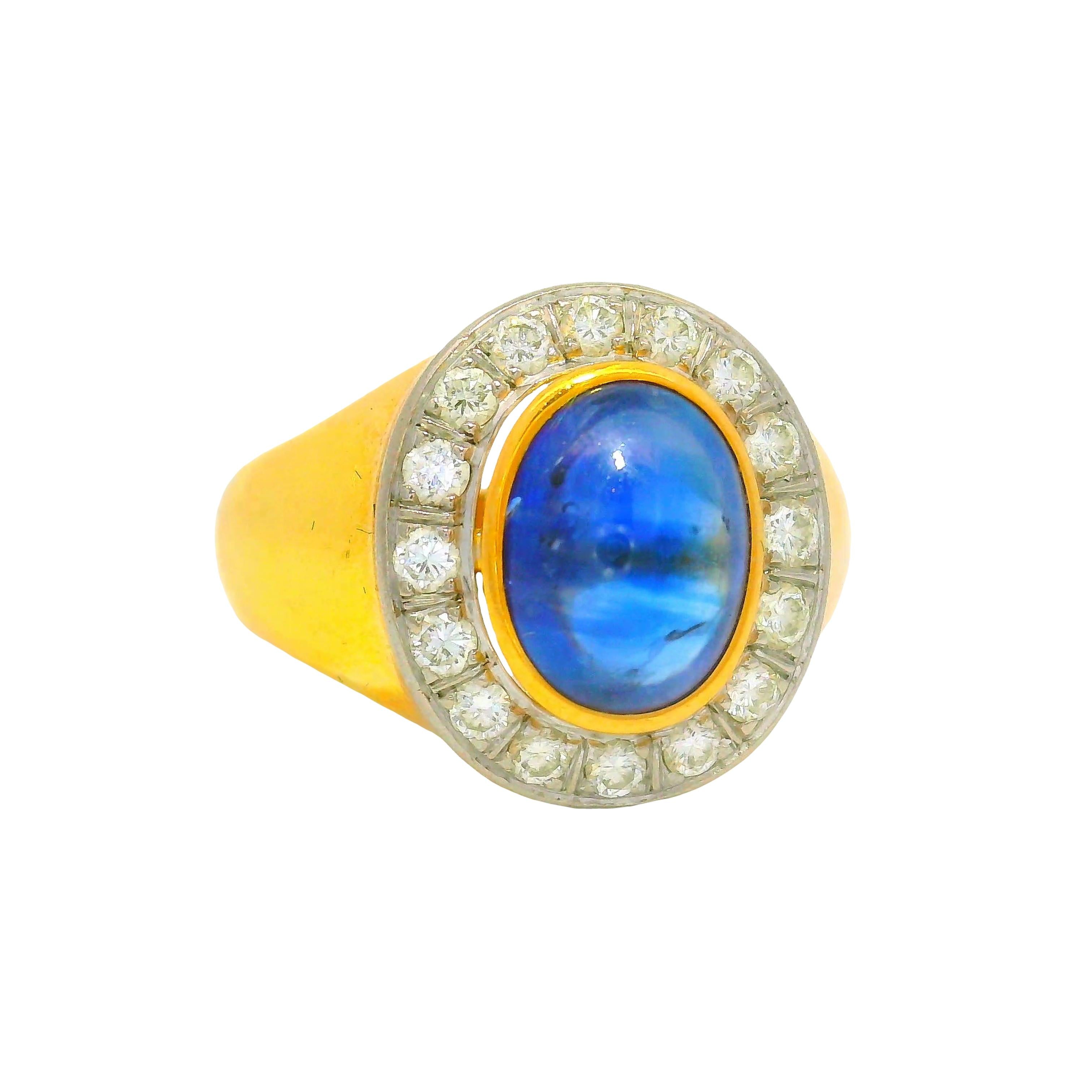 3.00 Carat Blue Sapphire Diamond 18K Gold Bezel Halo Ring