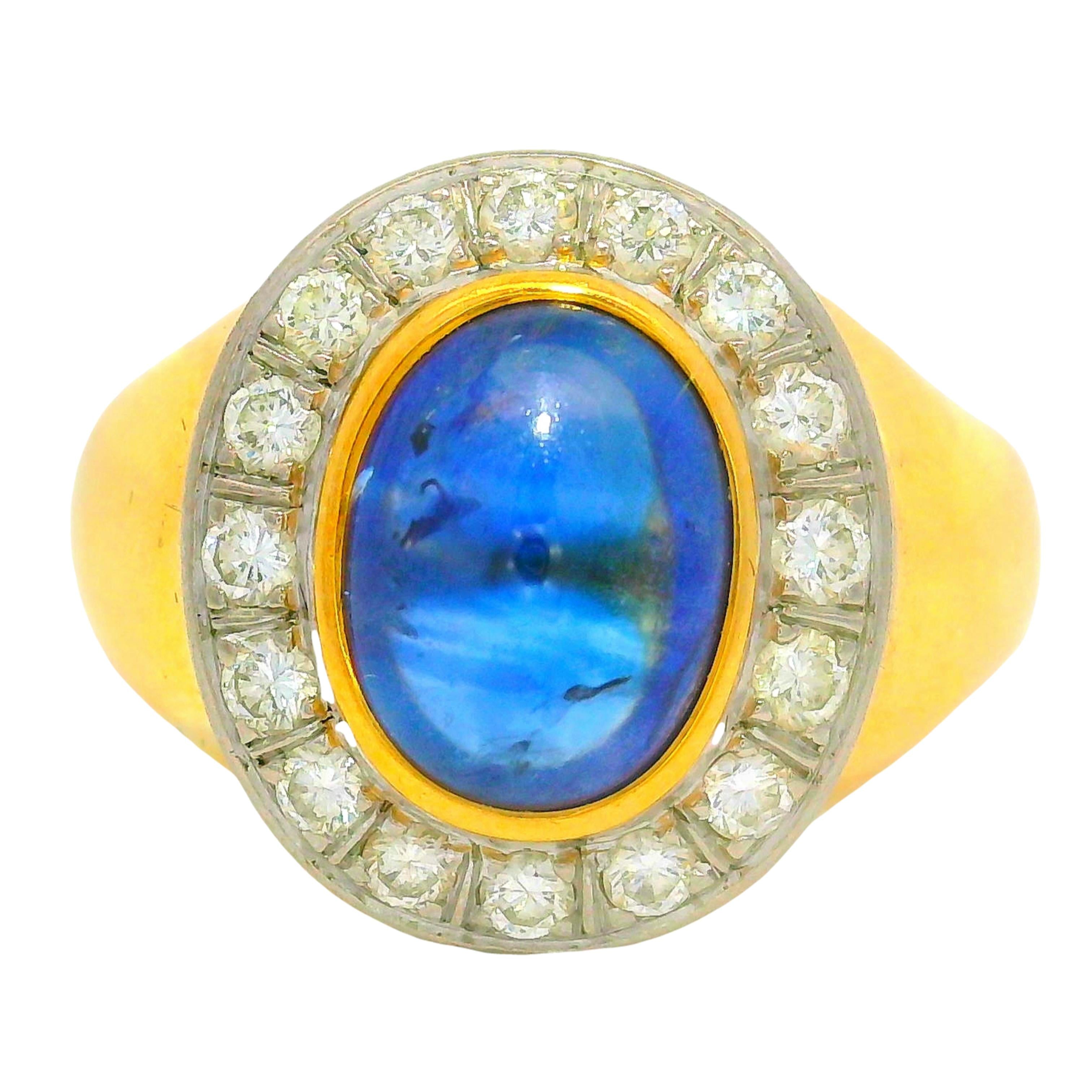 3.00 Carat Blue Sapphire Diamond 18K Gold Bezel Halo Ring