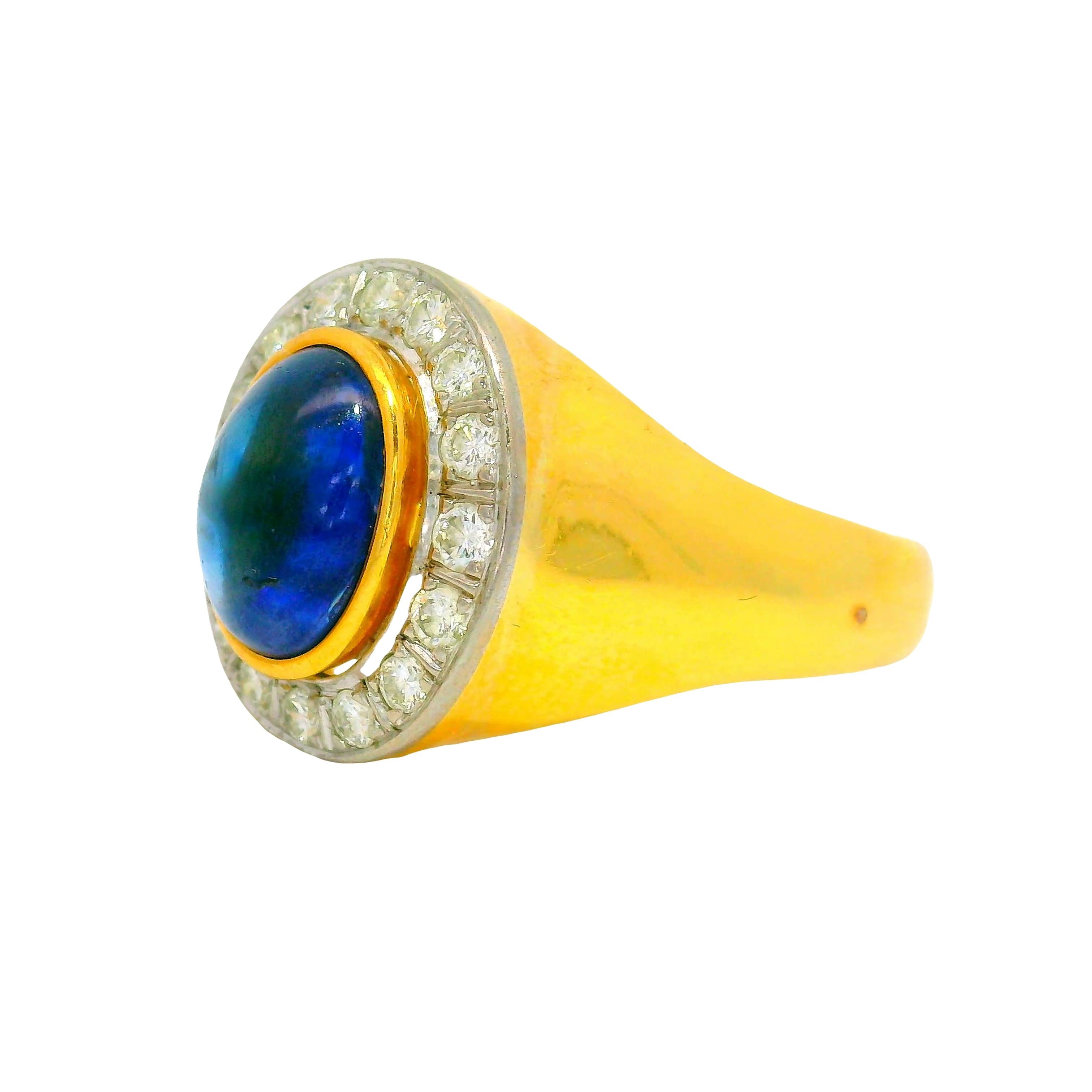 3.00 Carat Blue Sapphire Diamond 18K Gold Bezel Halo Ring