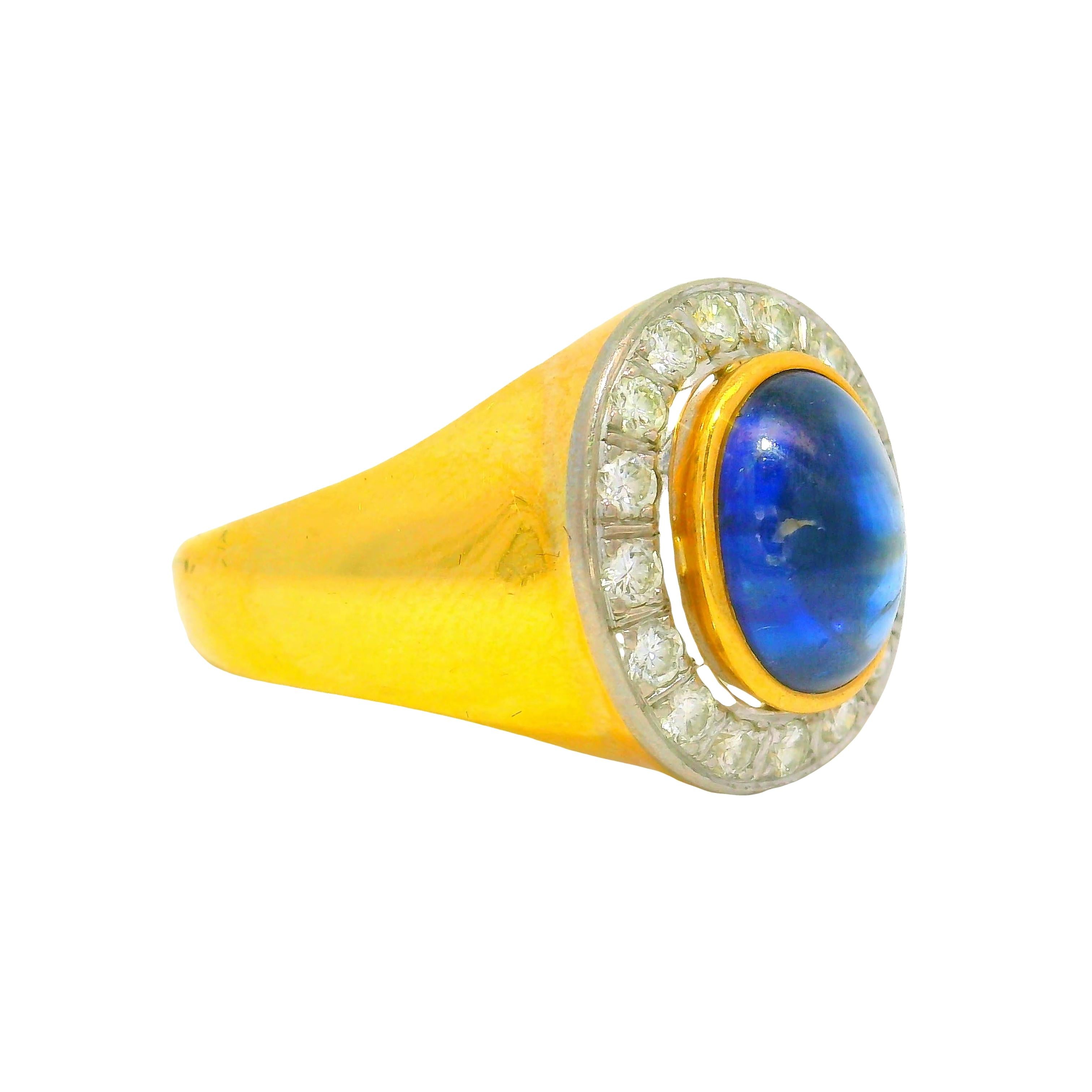 3.00 Carat Blue Sapphire Diamond 18K Gold Bezel Halo Ring