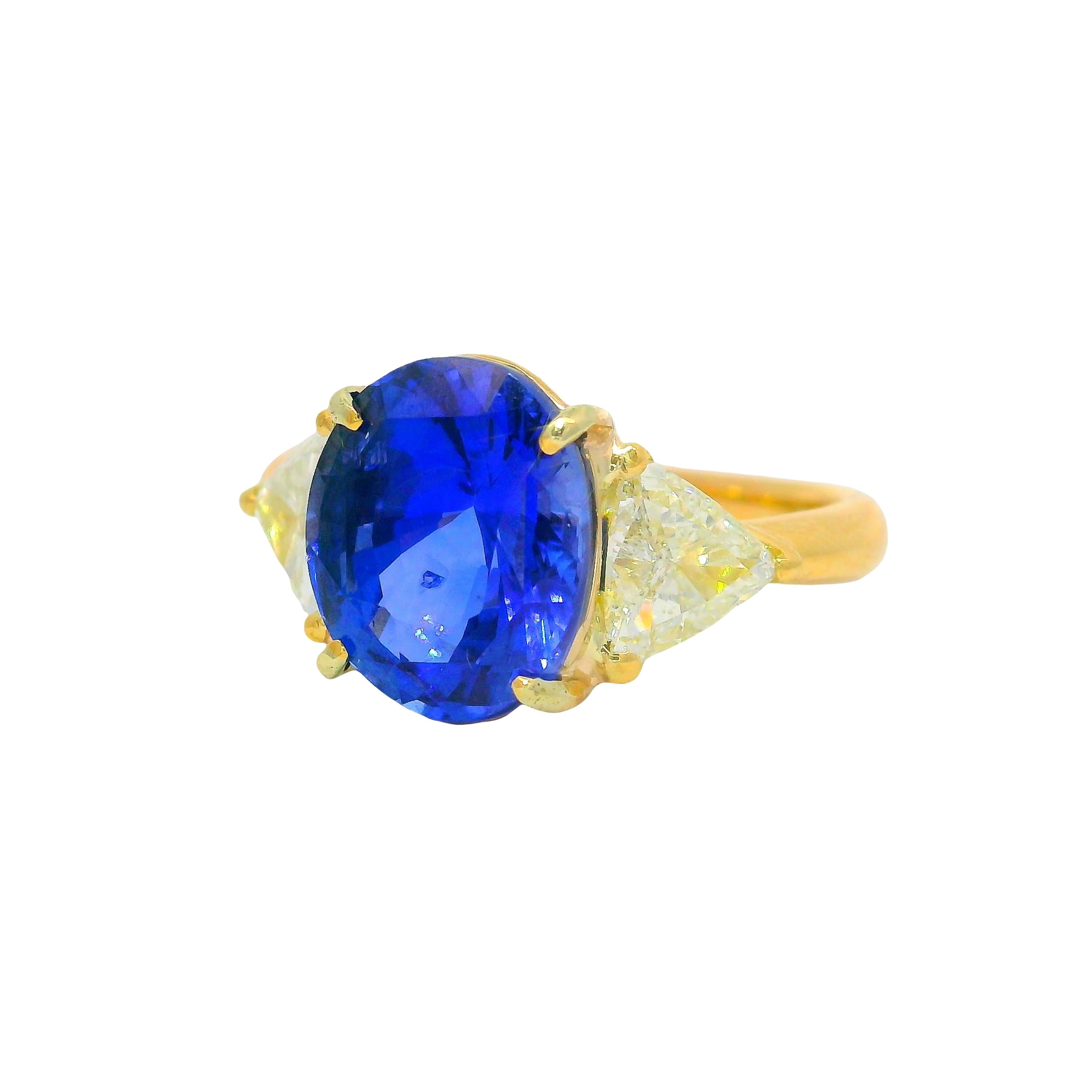 5.05 Carat Ceylon Blue Sapphire Diamond 18K Gold 3-Stone Ring, GIA Certified