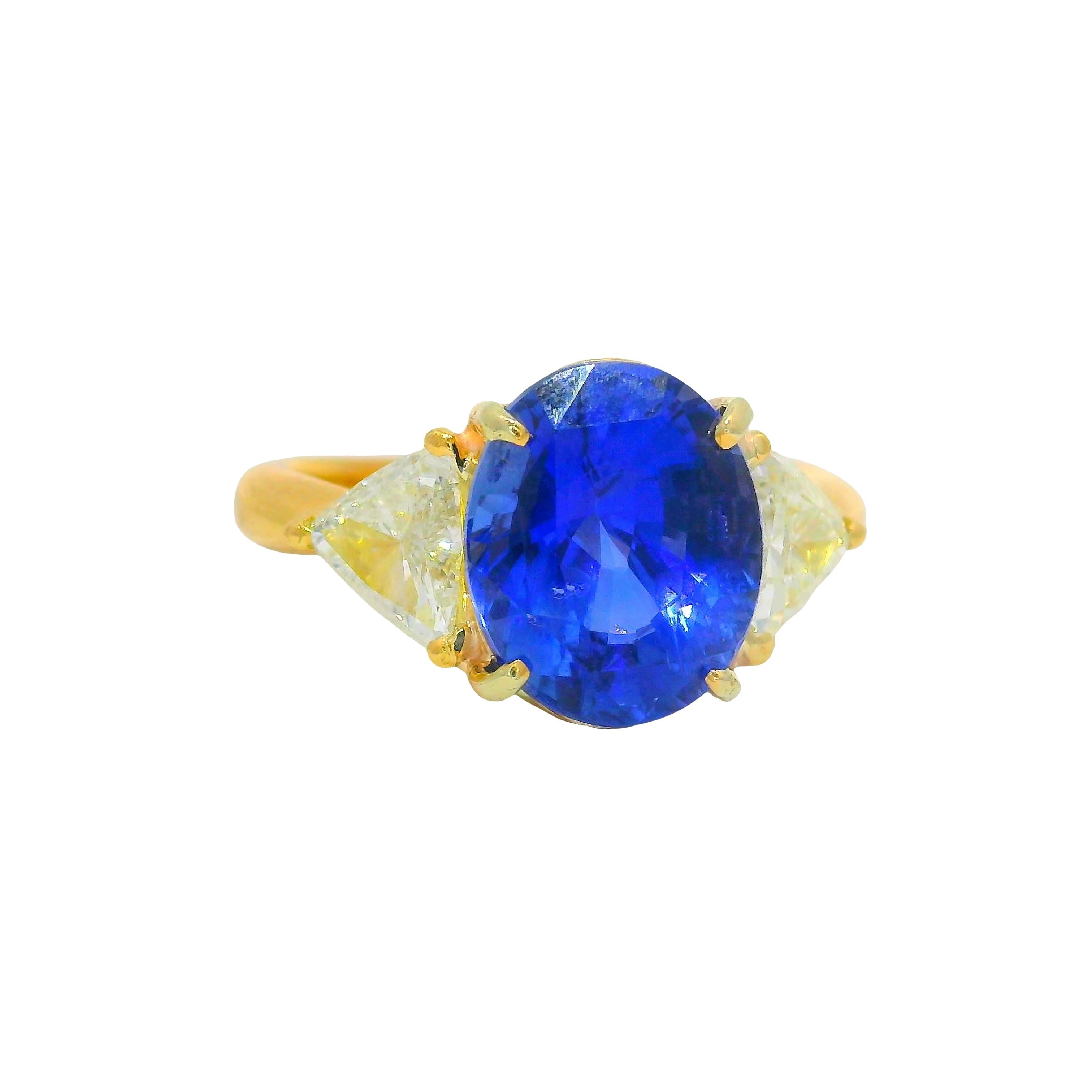 5.05 Carat Ceylon Blue Sapphire Diamond 18K Gold 3-Stone Ring, GIA Certified