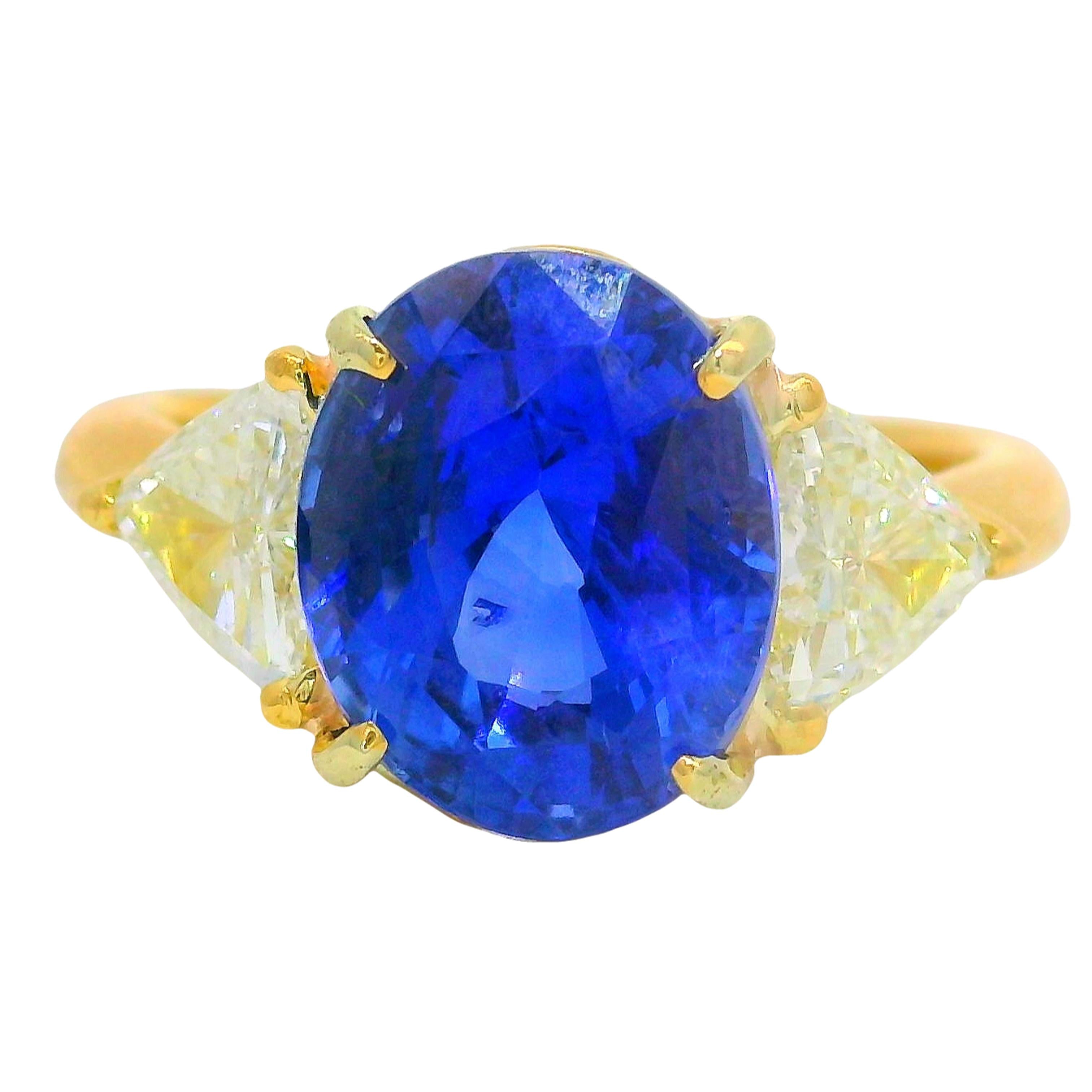 5.05 Carat Ceylon Blue Sapphire Diamond 18K Gold 3-Stone Ring, GIA Certified