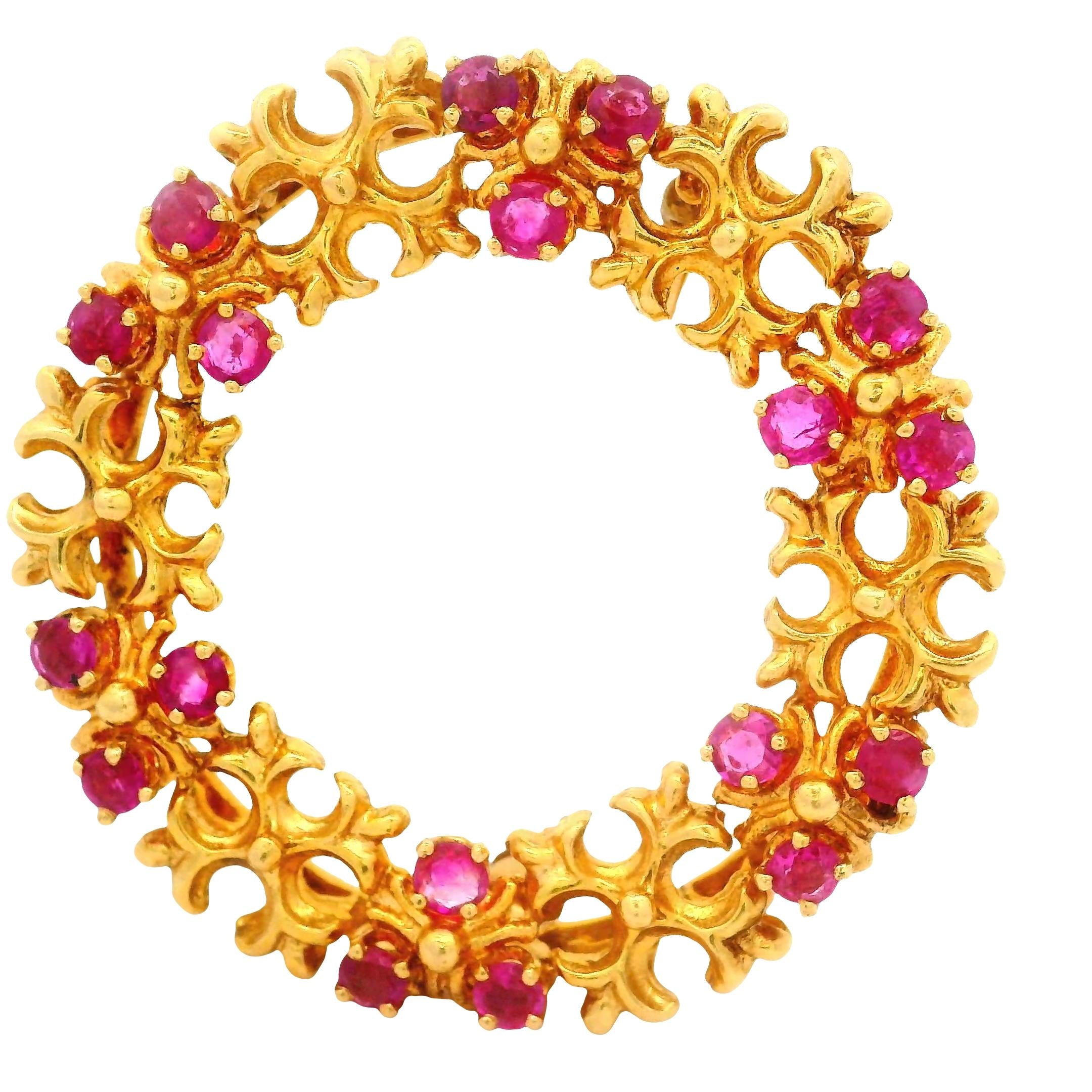 Vintage Tiffany and Co. Ruby 18K Yellow Gold Wreath Brooch
