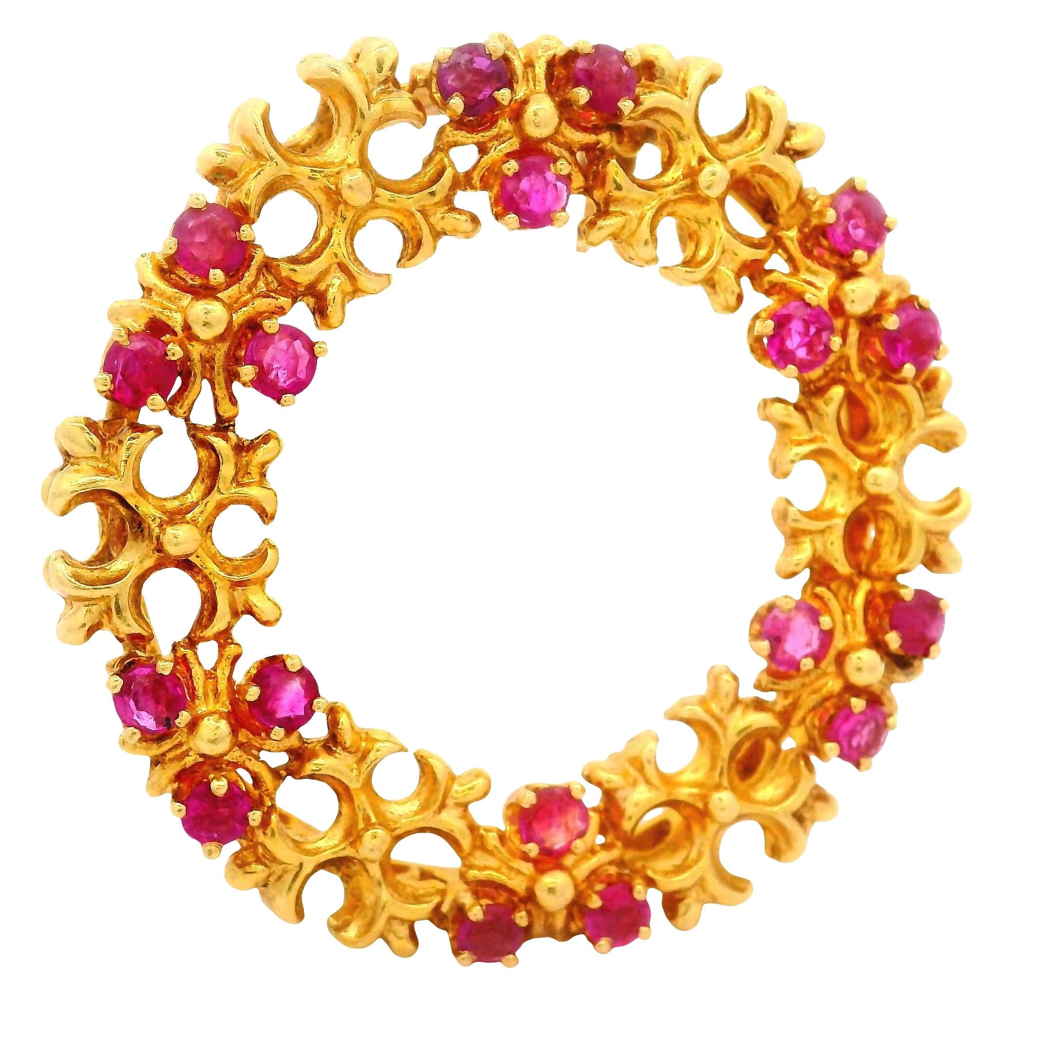 Vintage Tiffany and Co. Ruby 18K Yellow Gold Wreath Brooch