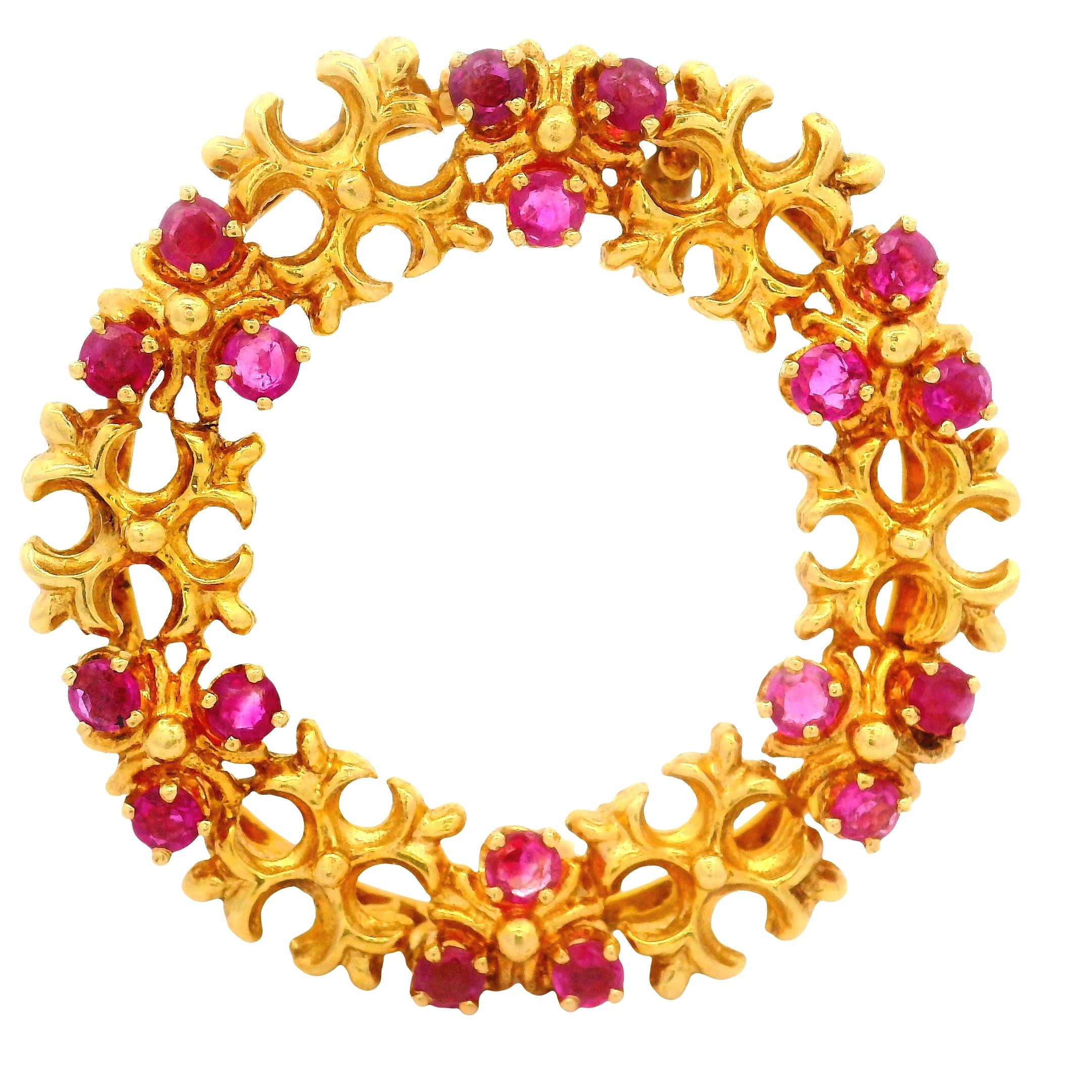Vintage Tiffany and Co. Ruby 18K Yellow Gold Wreath Brooch