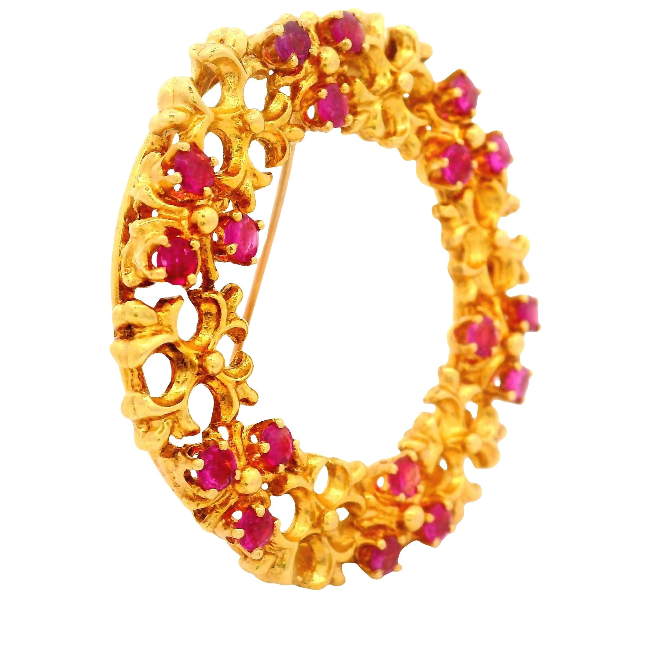 Vintage Tiffany and Co. Ruby 18K Yellow Gold Wreath Brooch