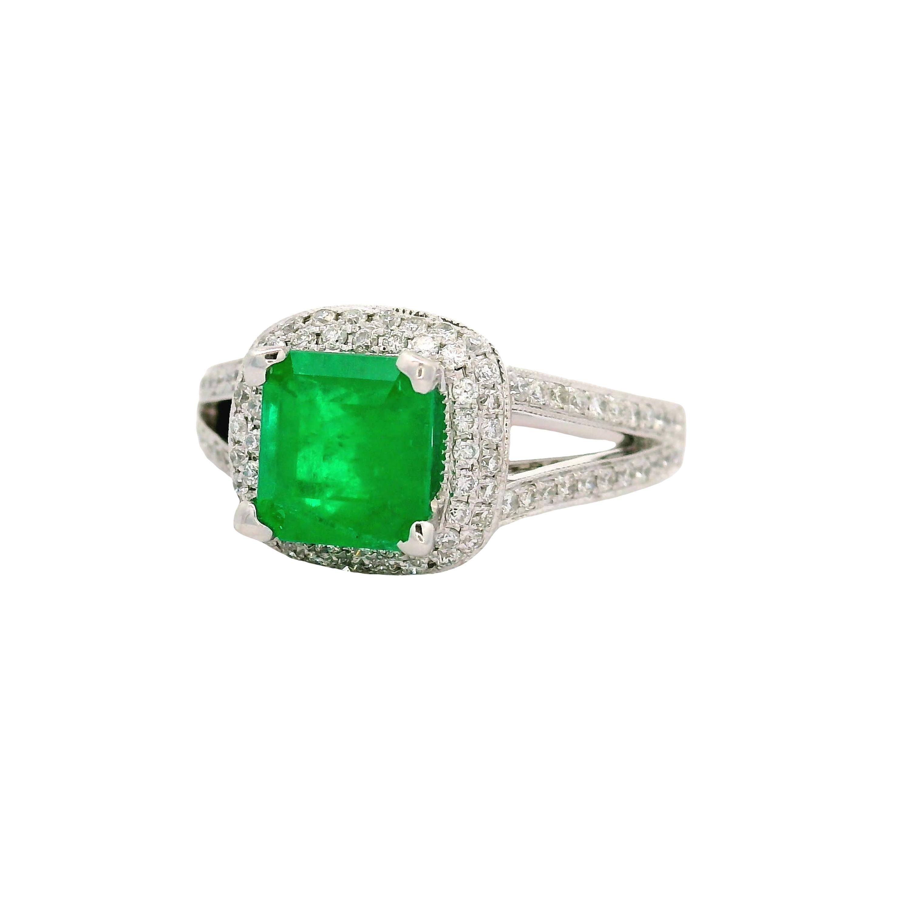 1.39 Colombian Emerald Diamond 14K White Gold Double-Halo Ring, GIA Certified