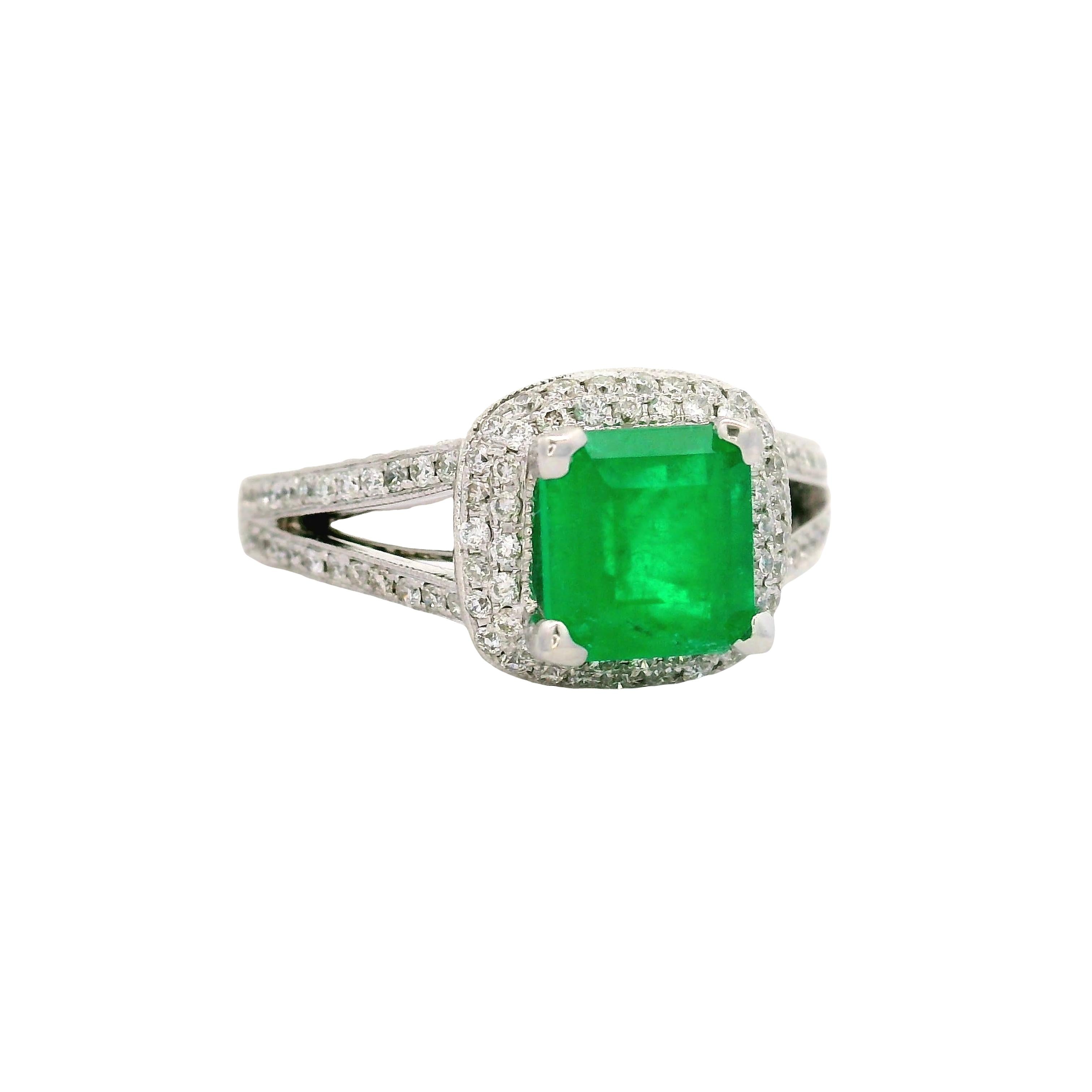 1.39 Colombian Emerald Diamond 14K White Gold Double-Halo Ring, GIA Certified