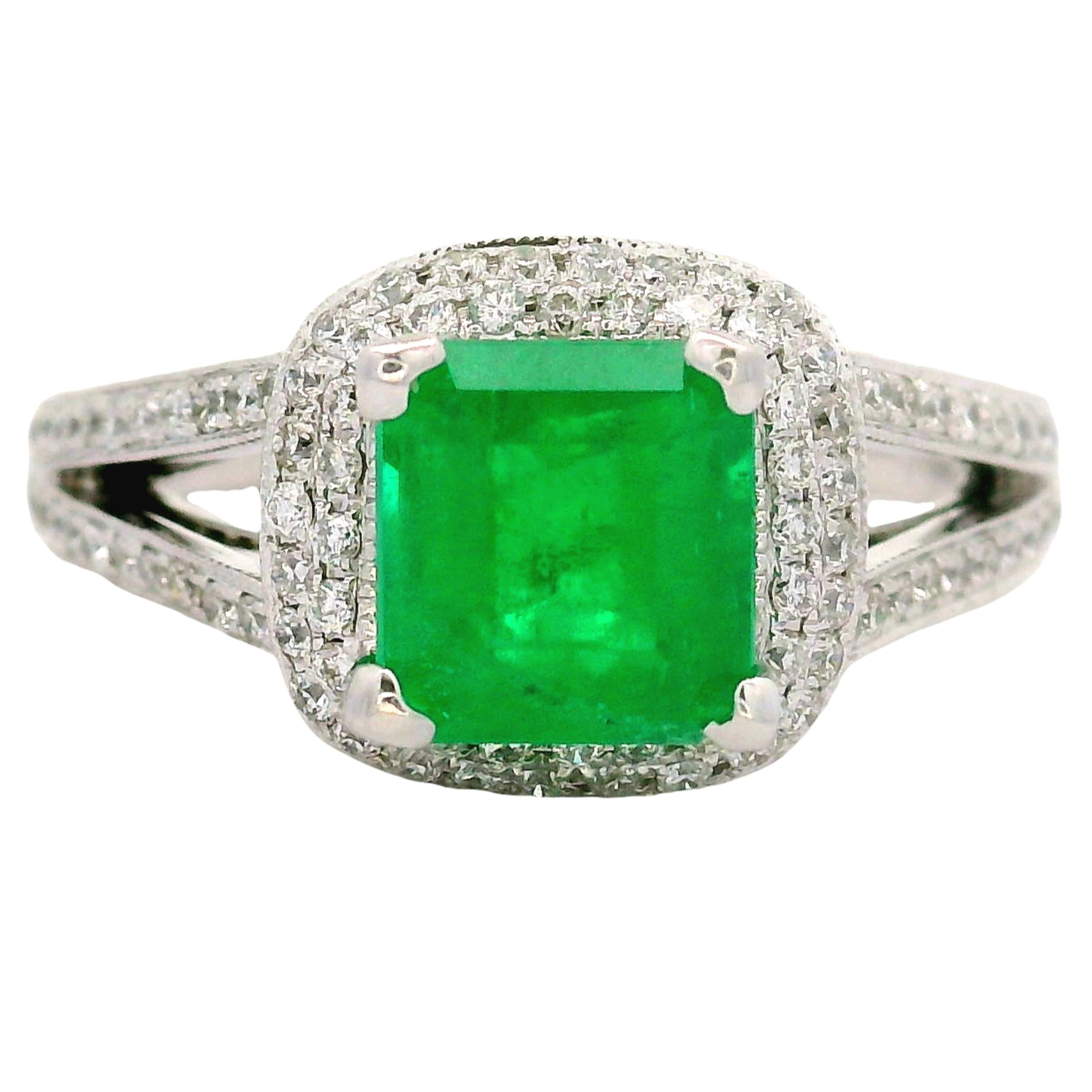 1.39 Colombian Emerald Diamond 14K White Gold Double-Halo Ring, GIA Certified