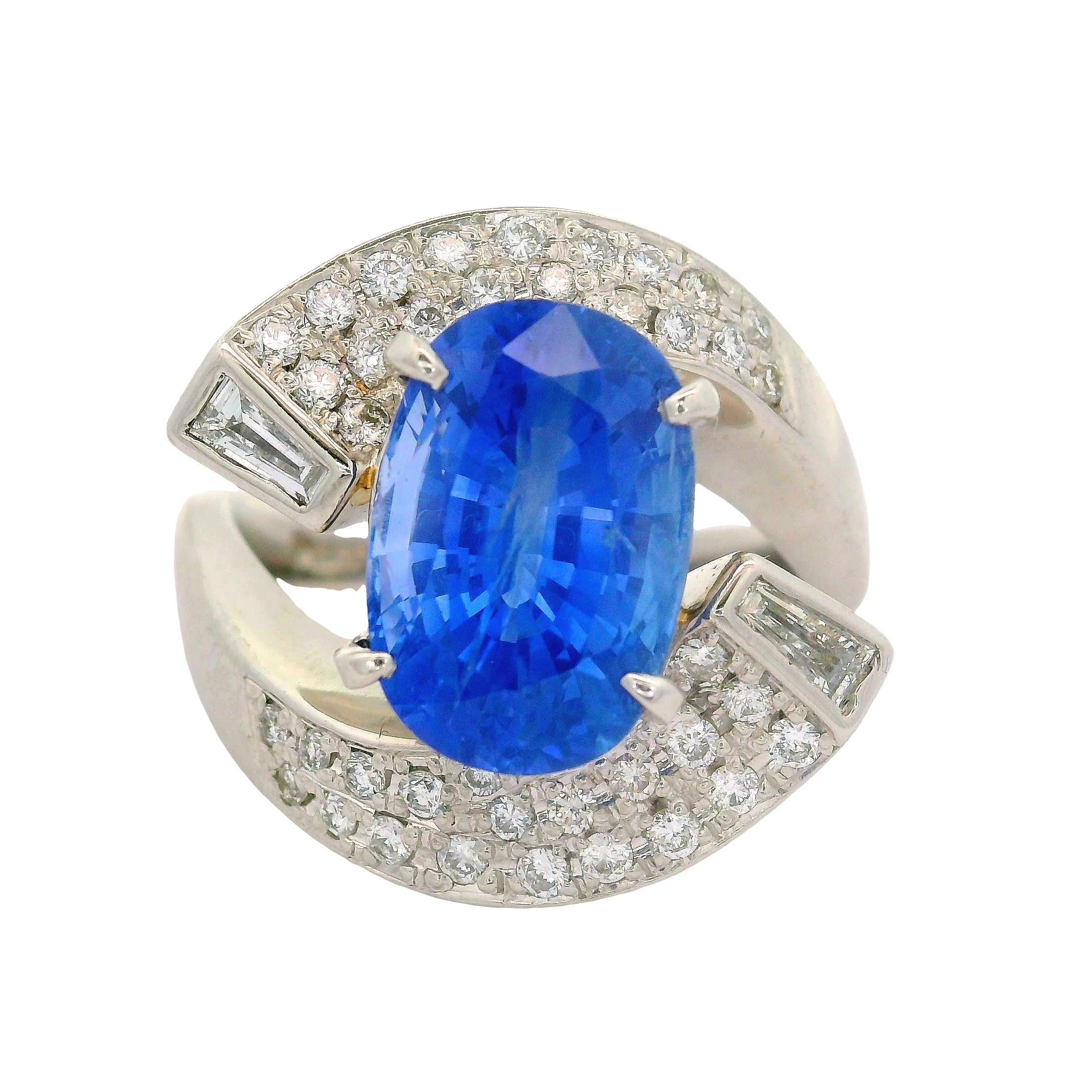 5.04 Carat Blue Ceylon Sapphire Diamond Platinum Bypass Ring, GIA Certified