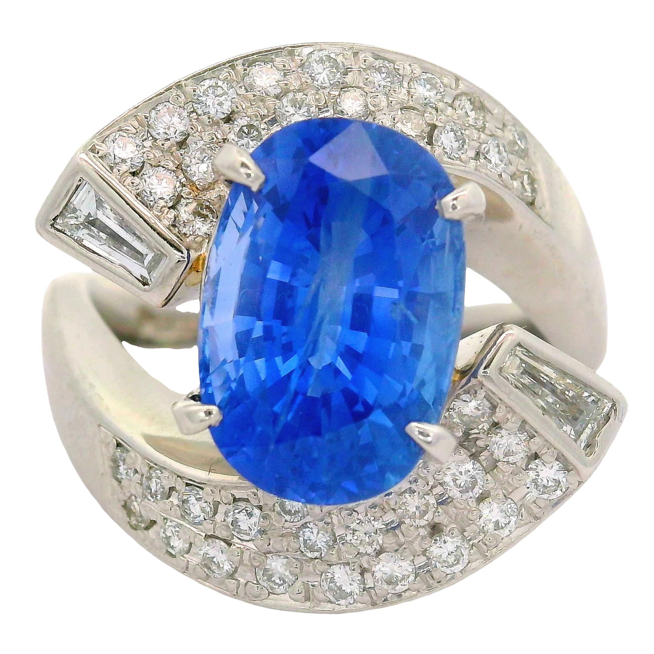 5.04 Carat Blue Ceylon Sapphire Diamond Platinum Bypass Ring, GIA Certified