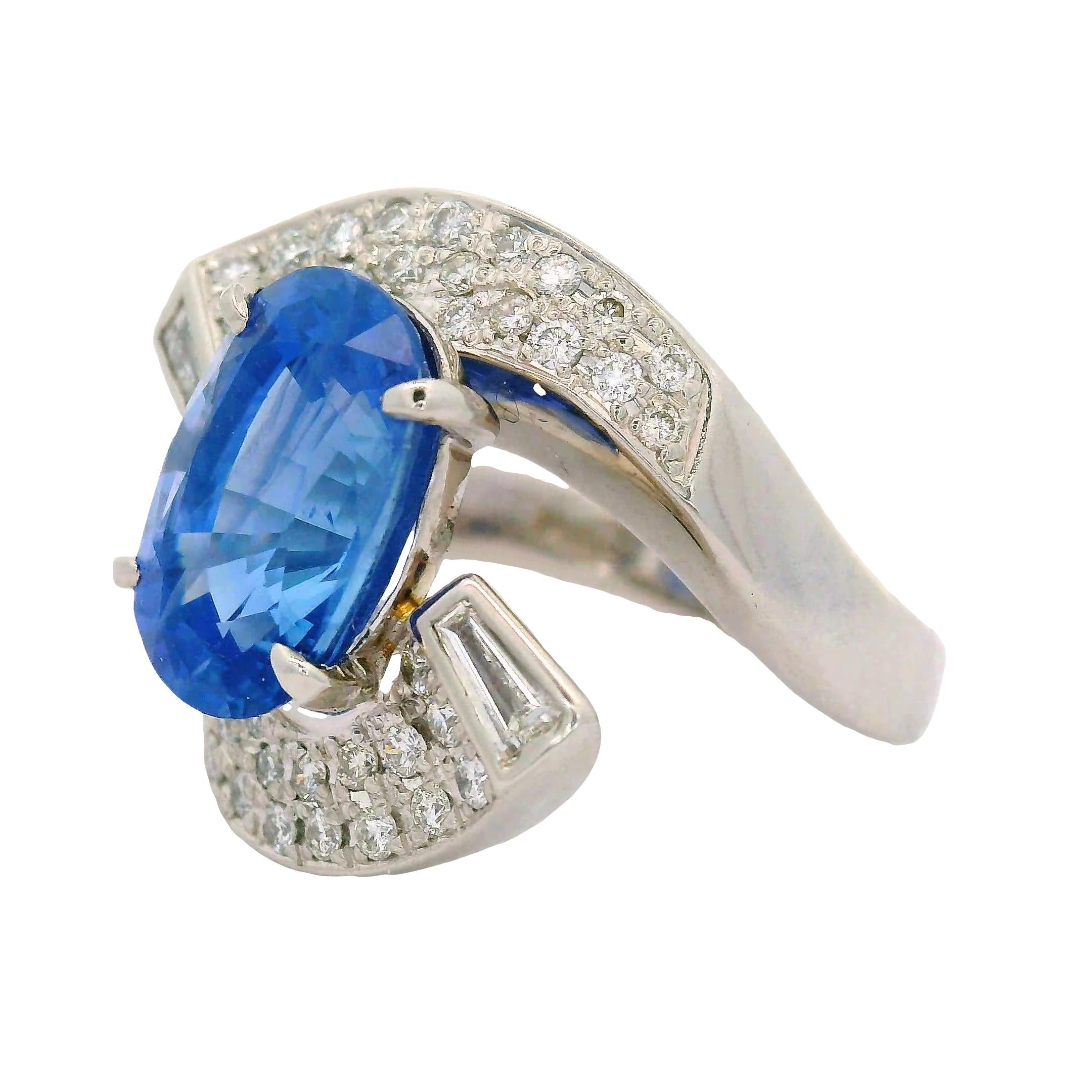 5.04 Carat Blue Ceylon Sapphire Diamond Platinum Bypass Ring, GIA Certified
