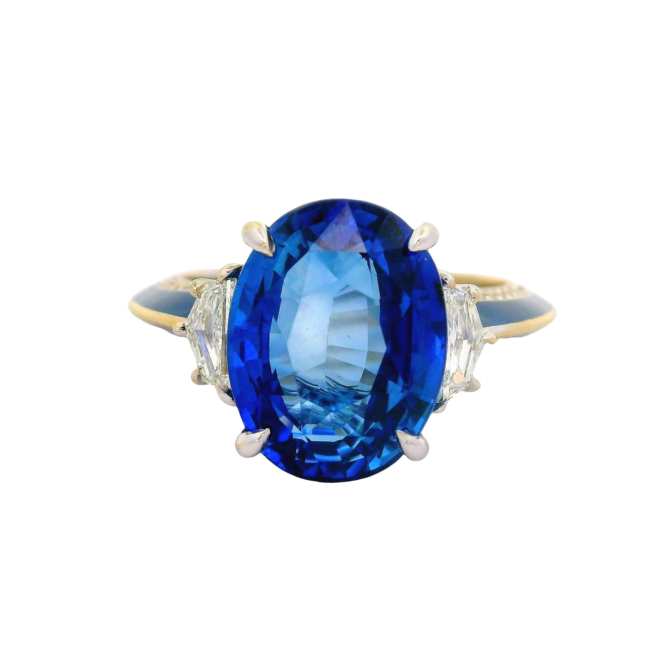 7.03 Carat Blue Ceylon Sapphire Diamond Enamel 18K White Gold Ring, GIA Certifed
