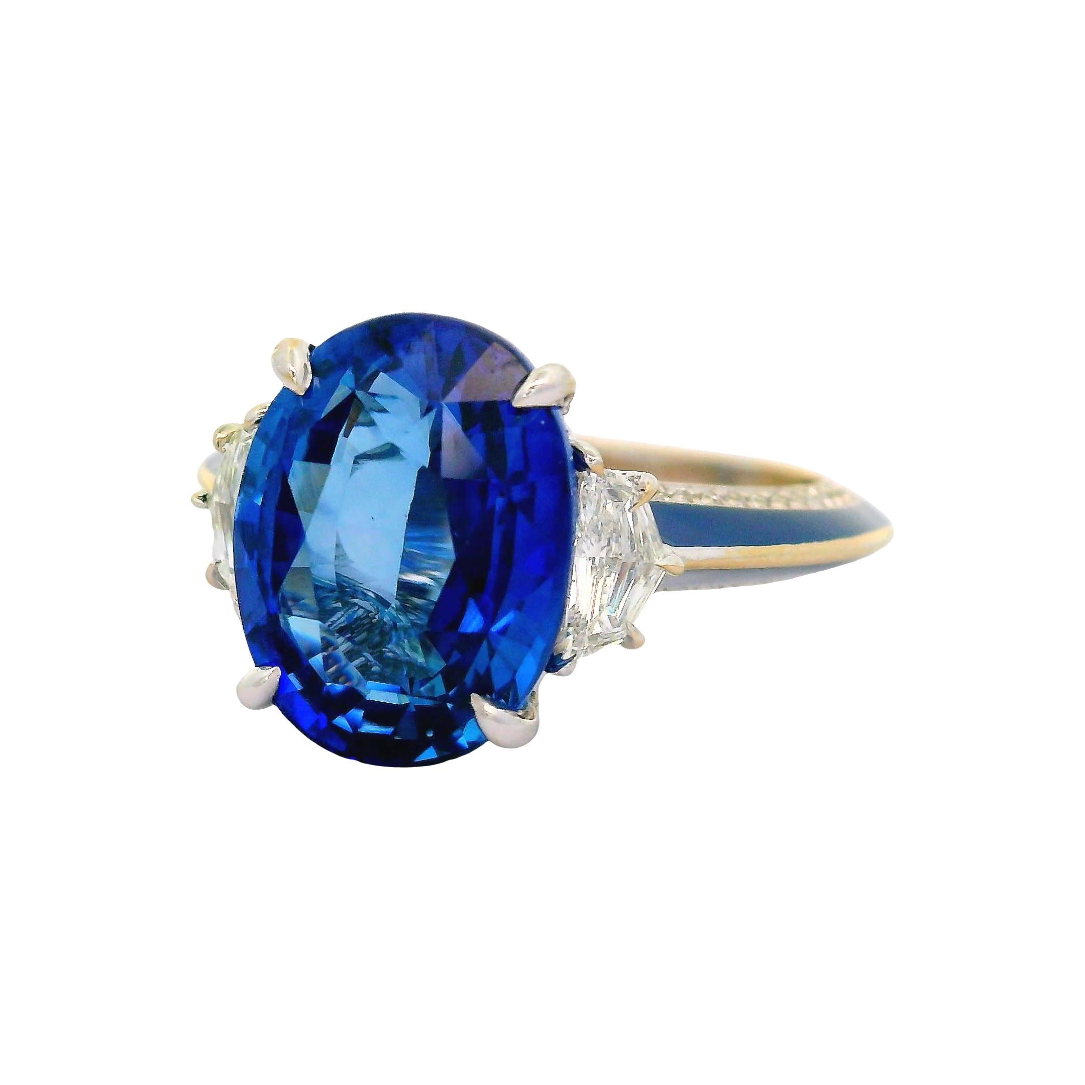 7.03 Carat Blue Ceylon Sapphire Diamond Enamel 18K White Gold Ring, GIA Certifed