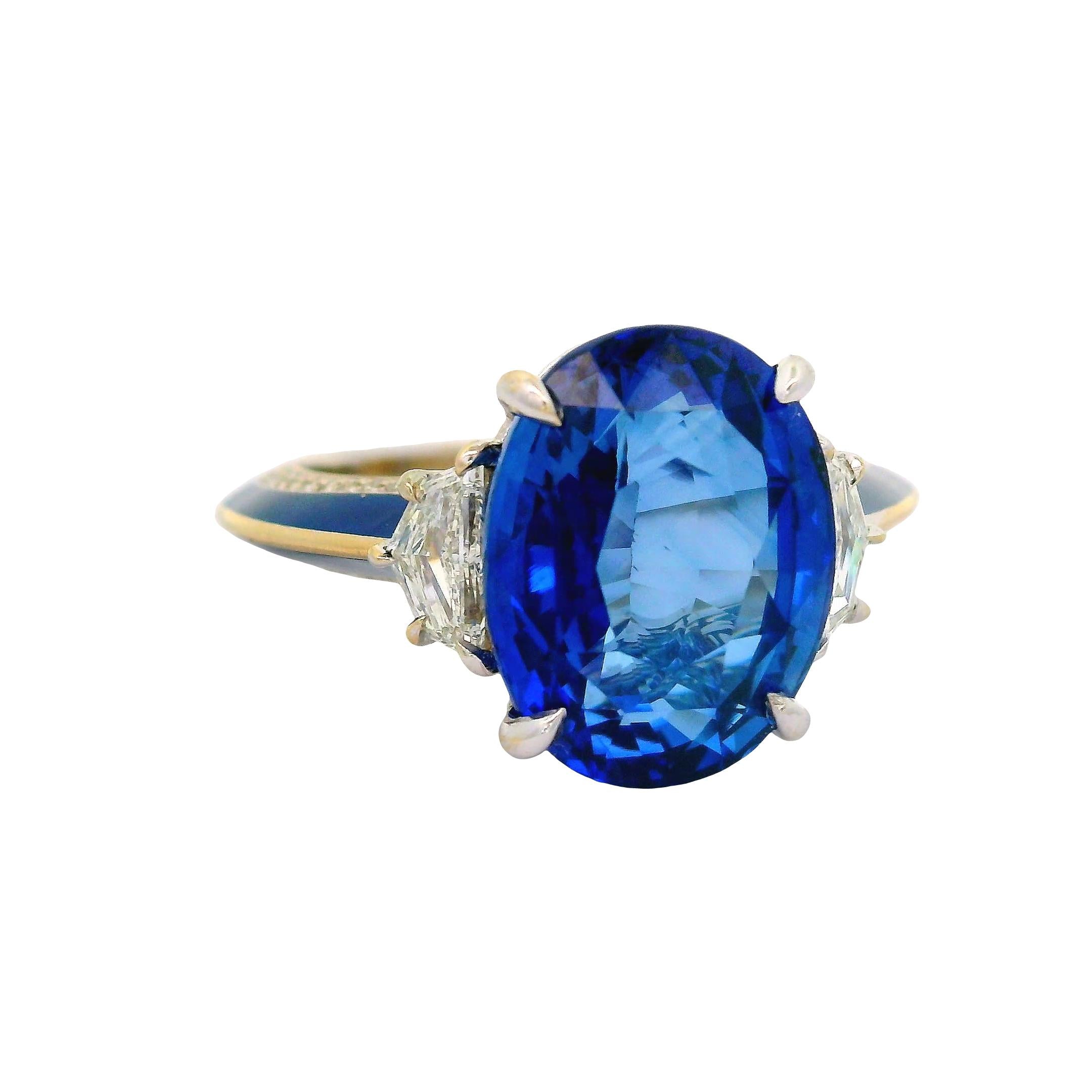 7.03 Carat Blue Ceylon Sapphire Diamond Enamel 18K White Gold Ring, GIA Certifed