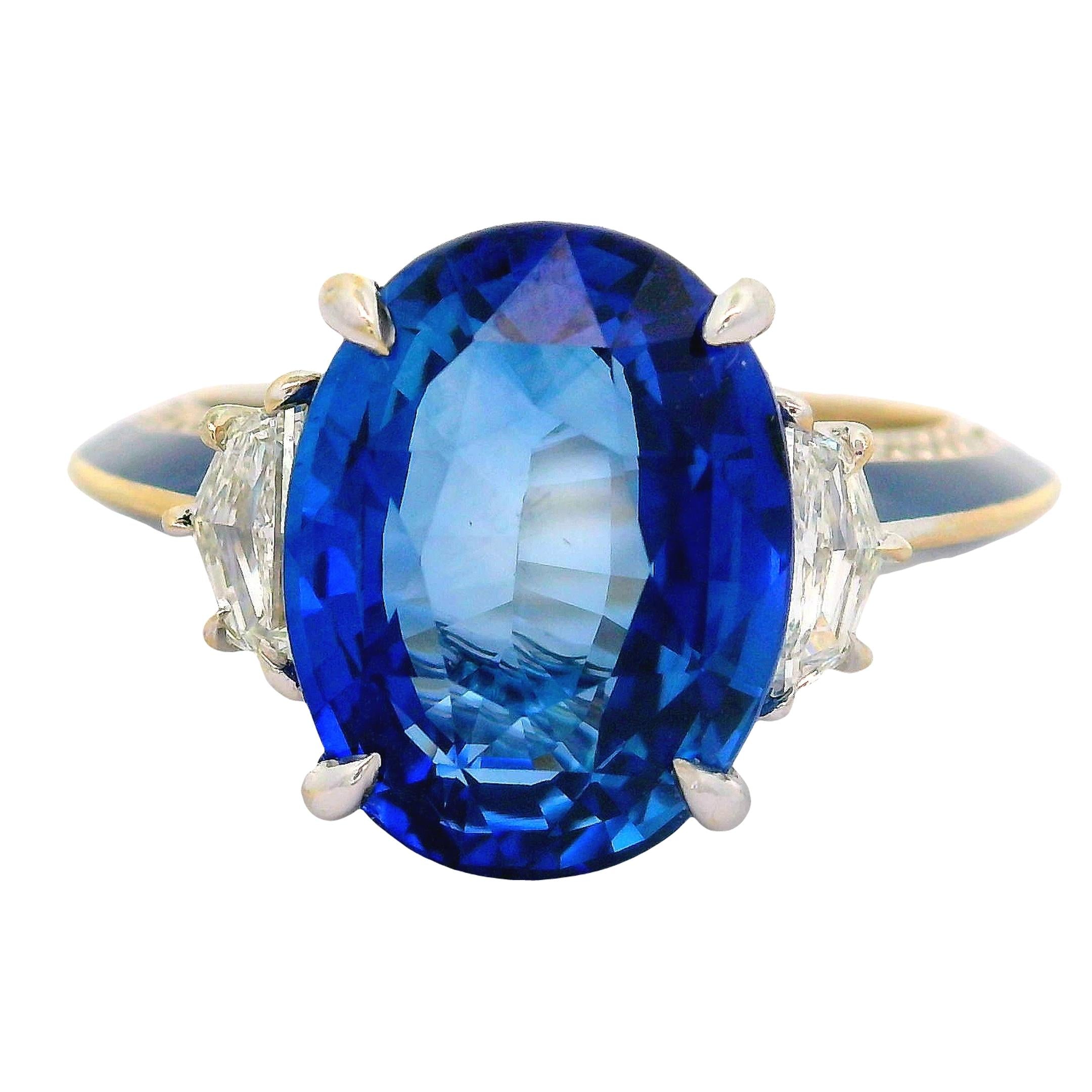 7.03 Carat Blue Ceylon Sapphire Diamond Enamel 18K White Gold Ring, GIA Certifed