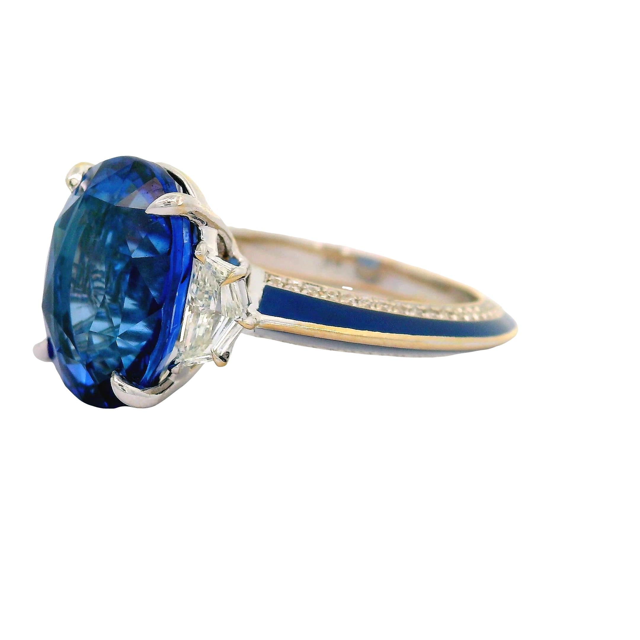 7.03 Carat Blue Ceylon Sapphire Diamond Enamel 18K White Gold Ring, GIA Certifed