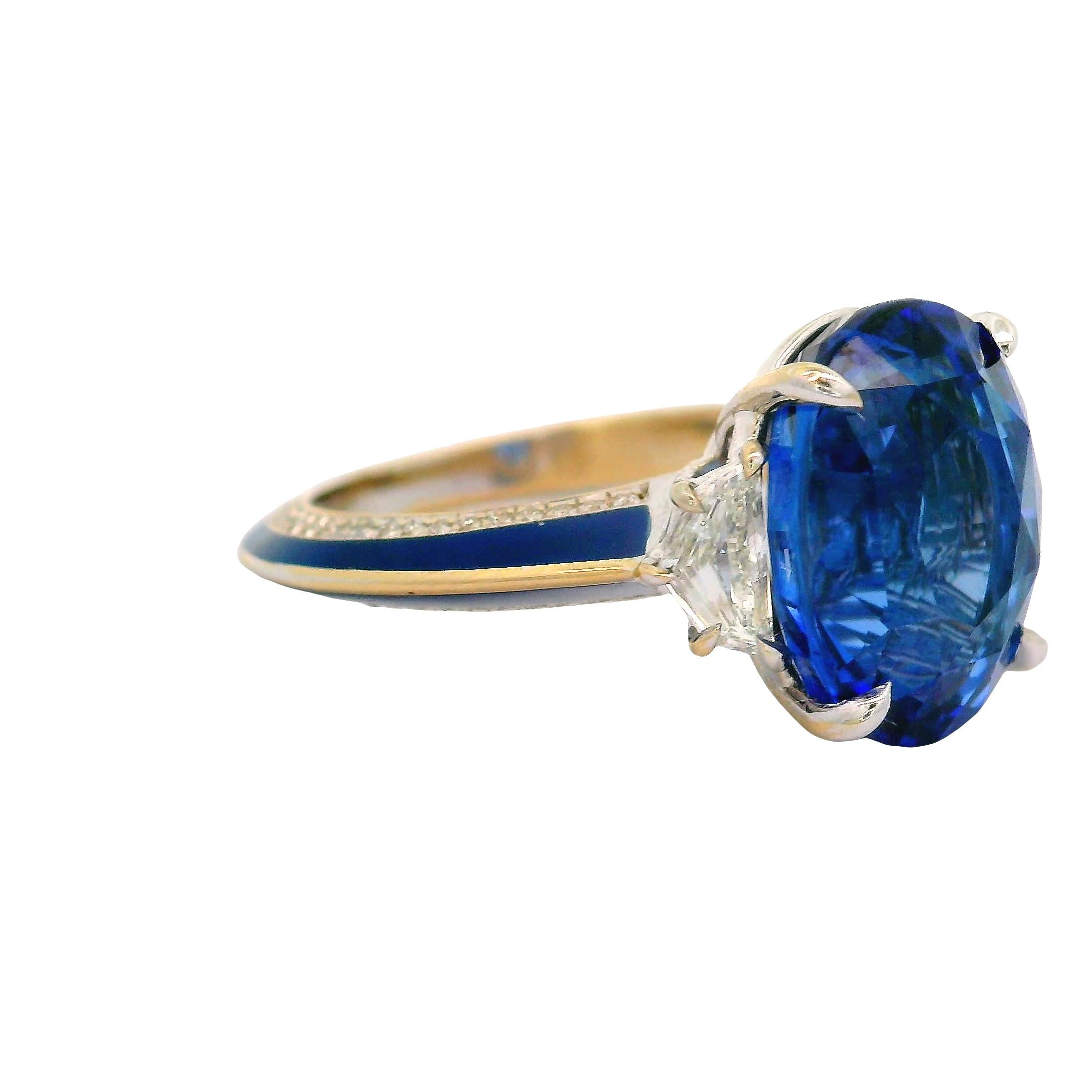 7.03 Carat Blue Ceylon Sapphire Diamond Enamel 18K White Gold Ring, GIA Certifed