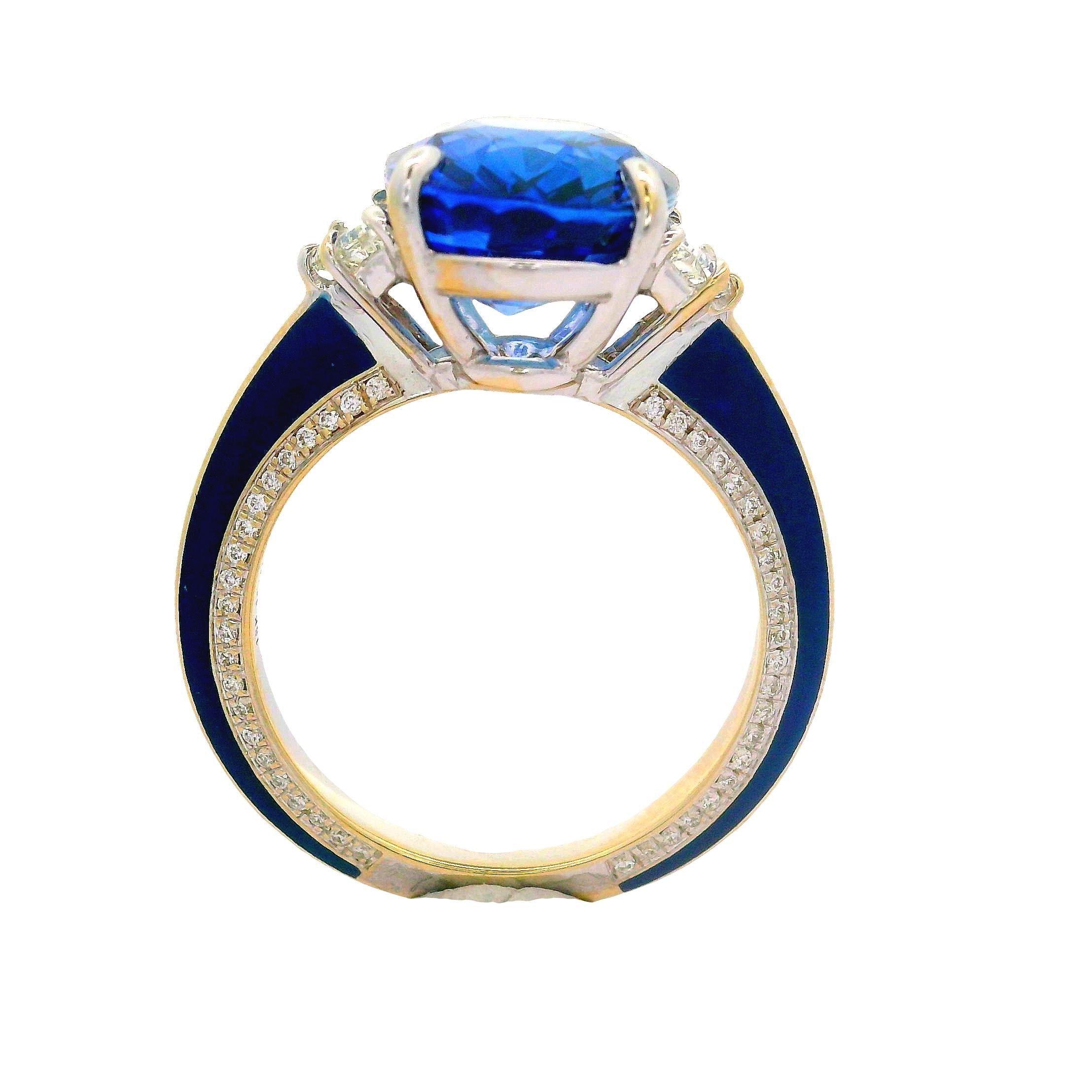 7.03 Carat Blue Ceylon Sapphire Diamond Enamel 18K White Gold Ring, GIA Certifed