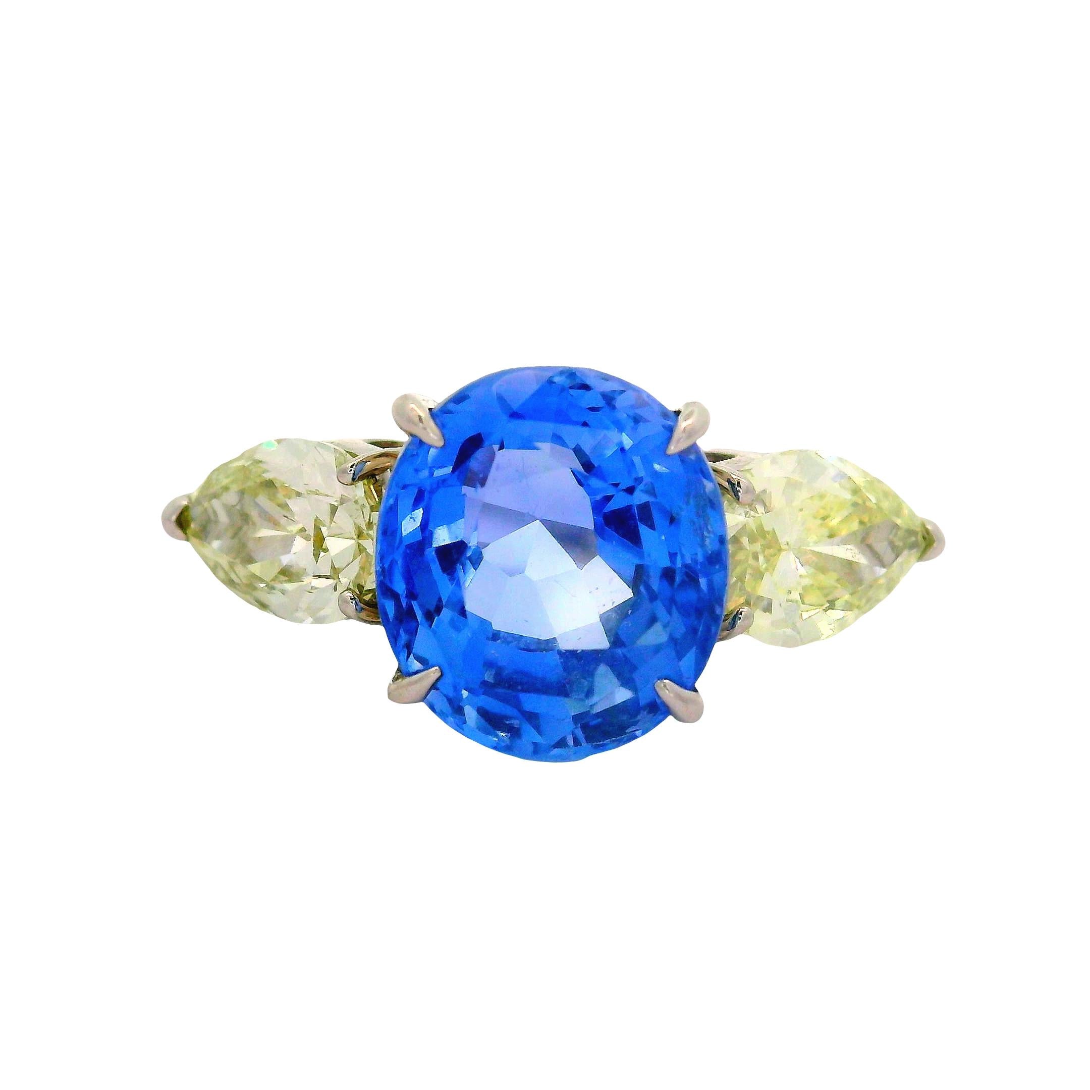 5.81 Carat No-Heat Blue Ceylon Sapphire Diamond Platinum Three-Stone Ring, GIA