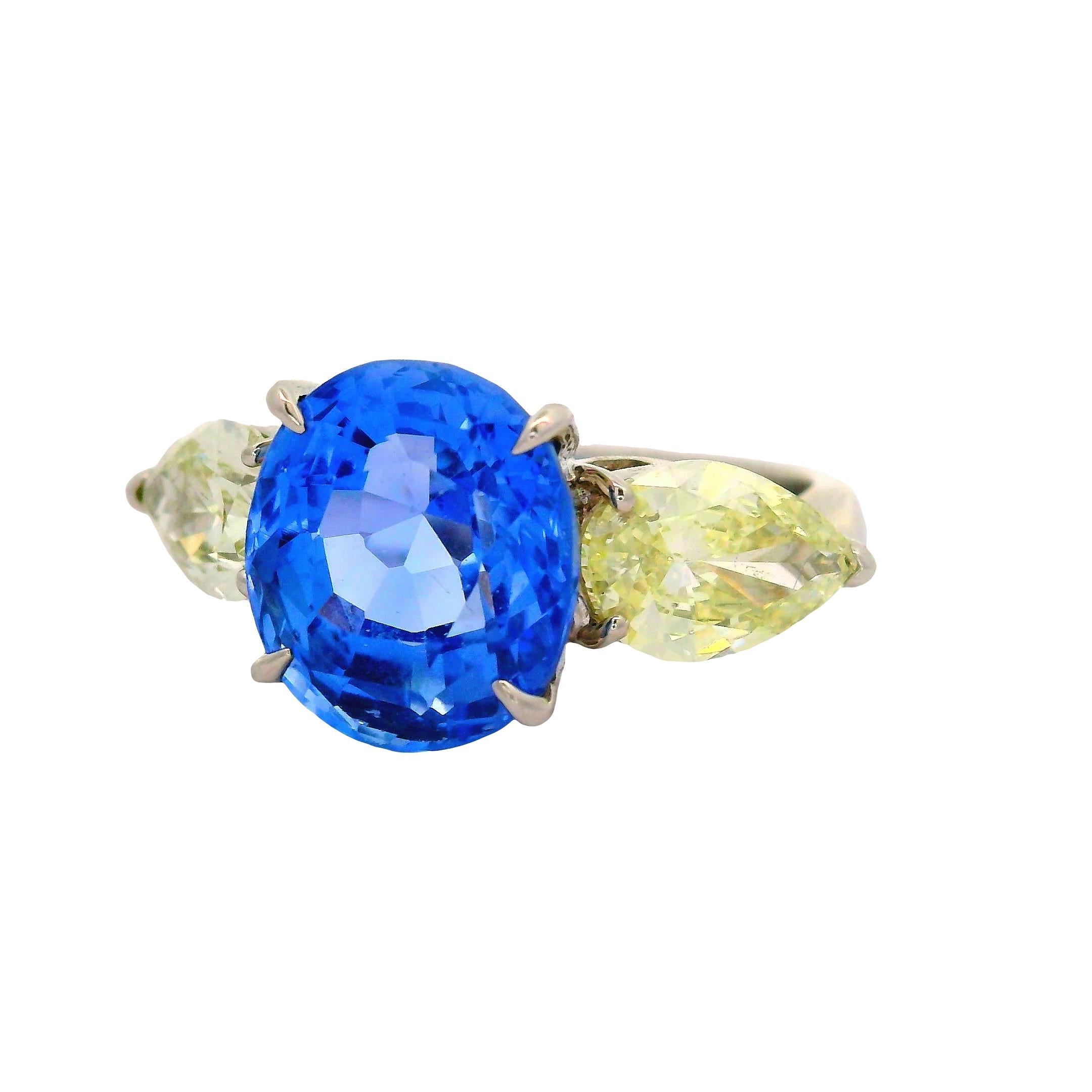 5.81 Carat No-Heat Blue Ceylon Sapphire Diamond Platinum Three-Stone Ring, GIA