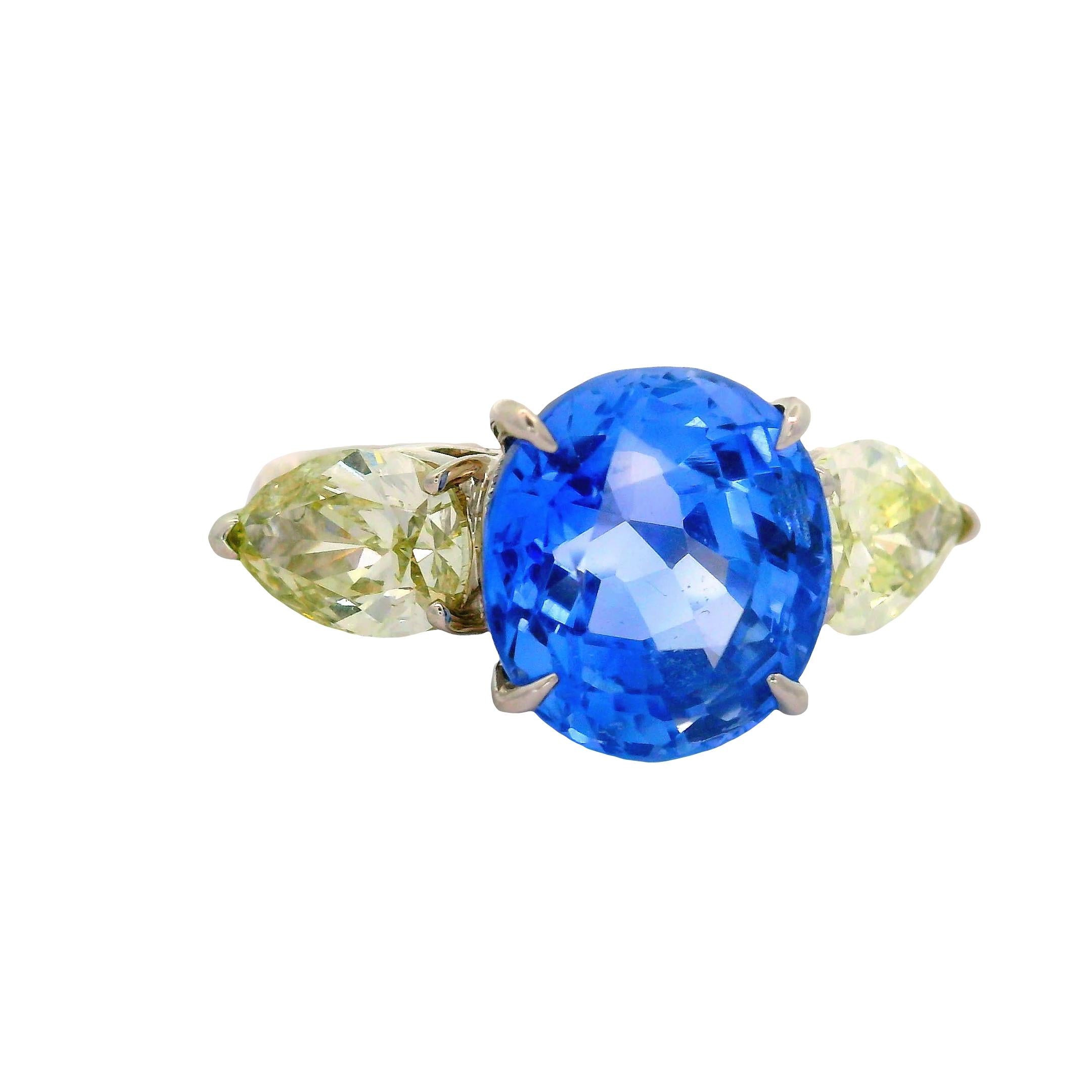 5.81 Carat No-Heat Blue Ceylon Sapphire Diamond Platinum Three-Stone Ring, GIA