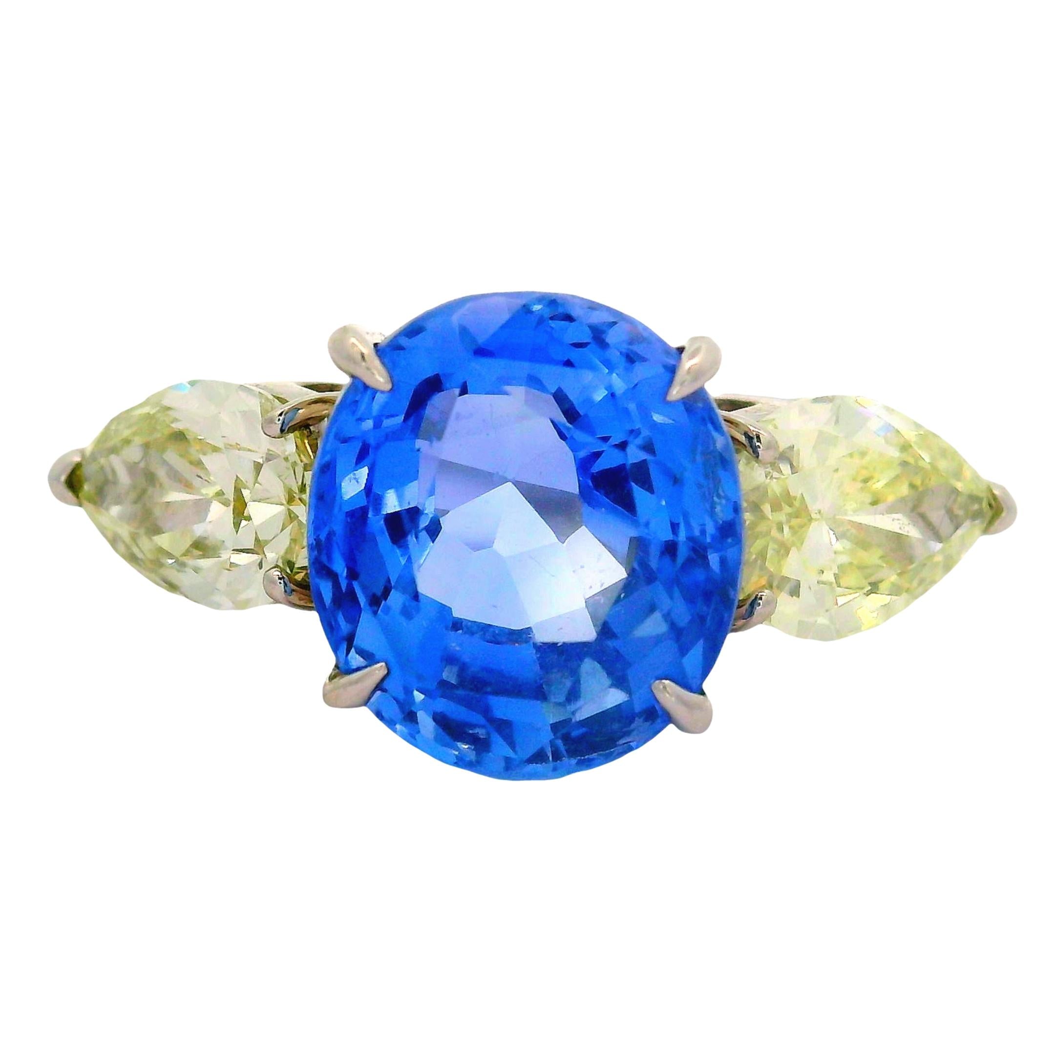 5.81 Carat No-Heat Blue Ceylon Sapphire Diamond Platinum Three-Stone Ring, GIA