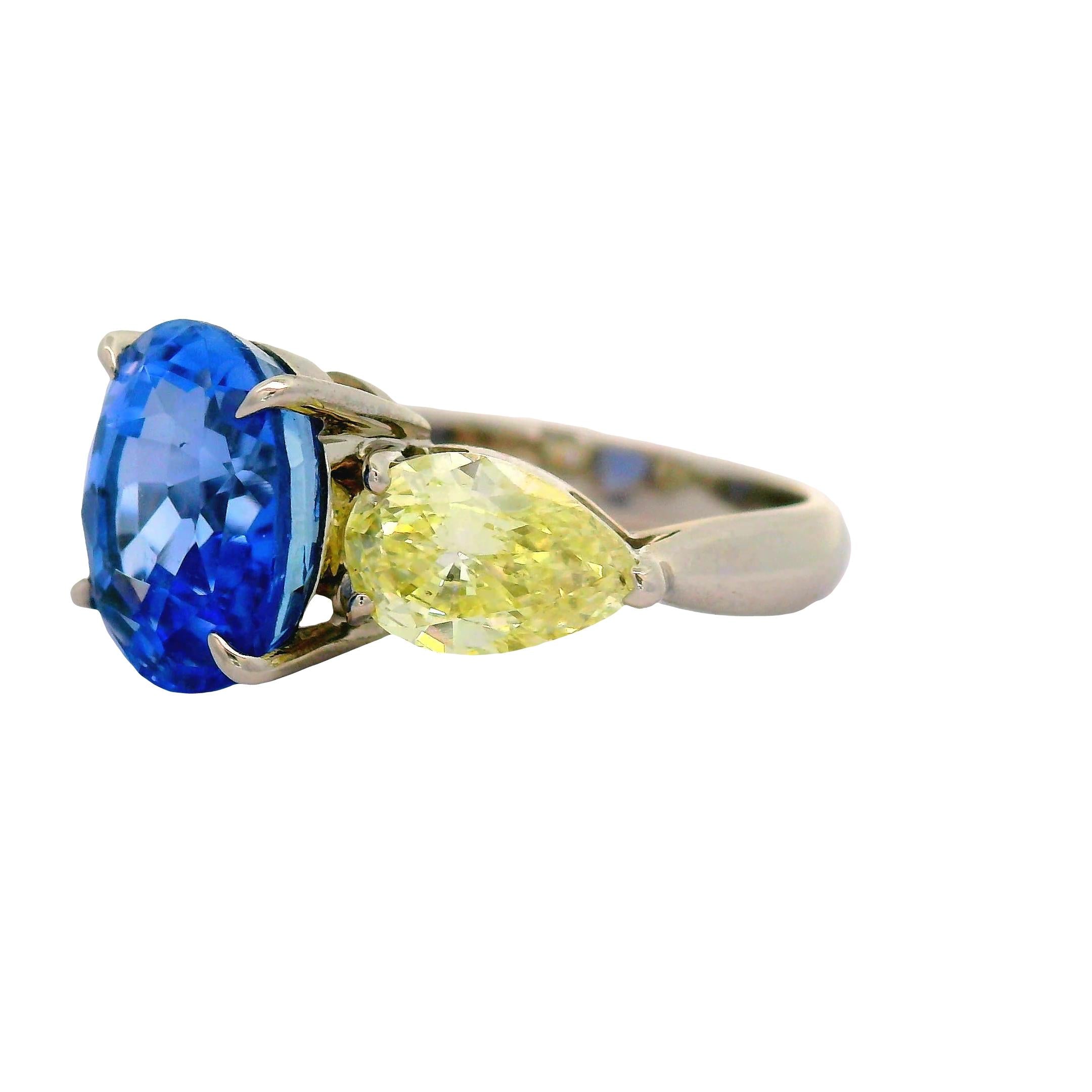 5.81 Carat No-Heat Blue Ceylon Sapphire Diamond Platinum Three-Stone Ring, GIA