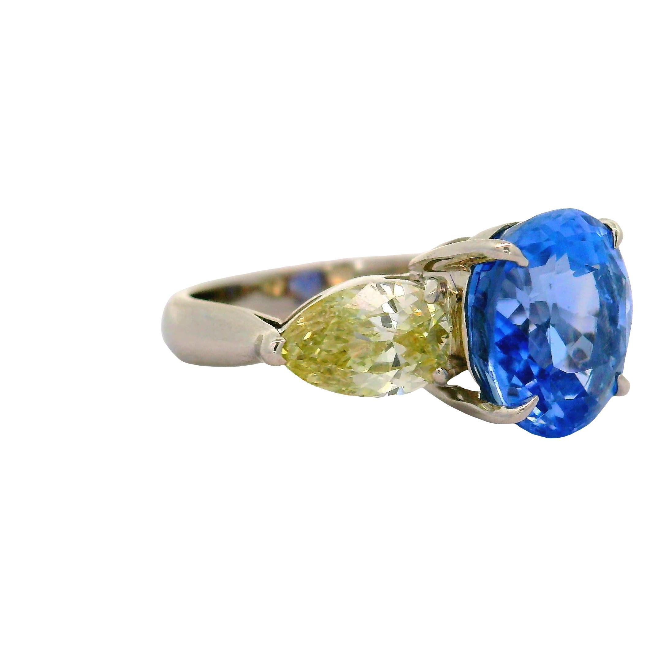 5.81 Carat No-Heat Blue Ceylon Sapphire Diamond Platinum Three-Stone Ring, GIA